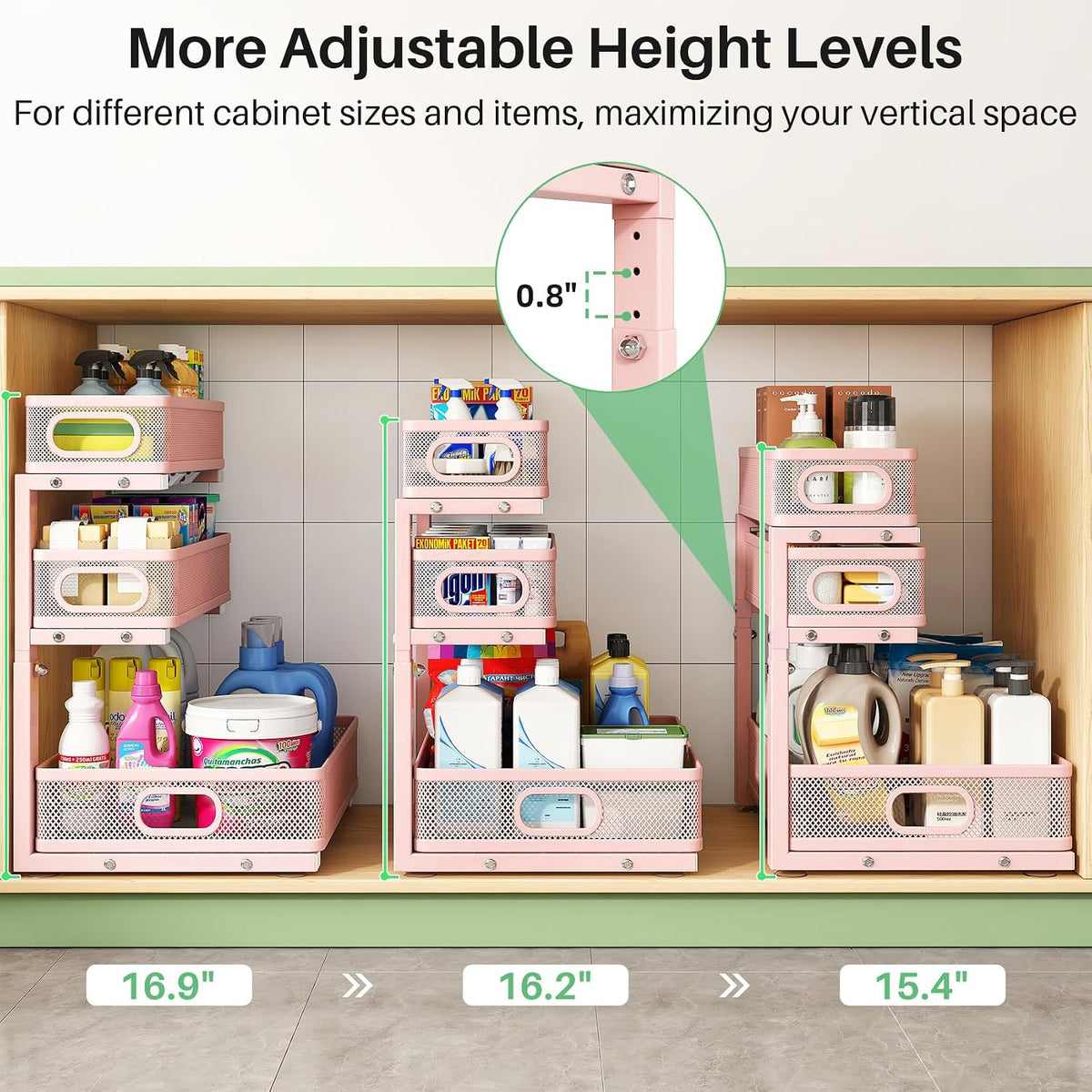 Kitstorack Under Sink Organizer, 2-Pack 3-Tier Height Adjustable Thickened Me...