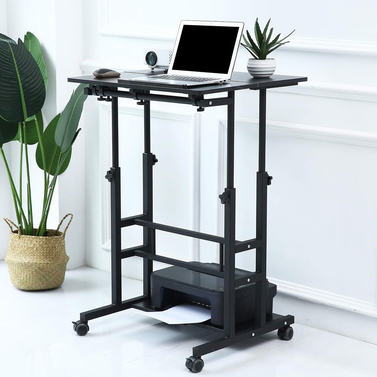 Small Standing Desk on Wheels, Height Adjustable Rolling Desk with Storage