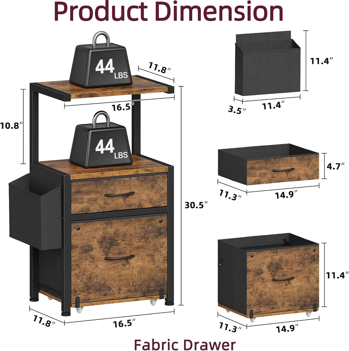 HIGDBFE File Cabinet with 2 Fabric Drawers and Printer Stand, Rustic Brown