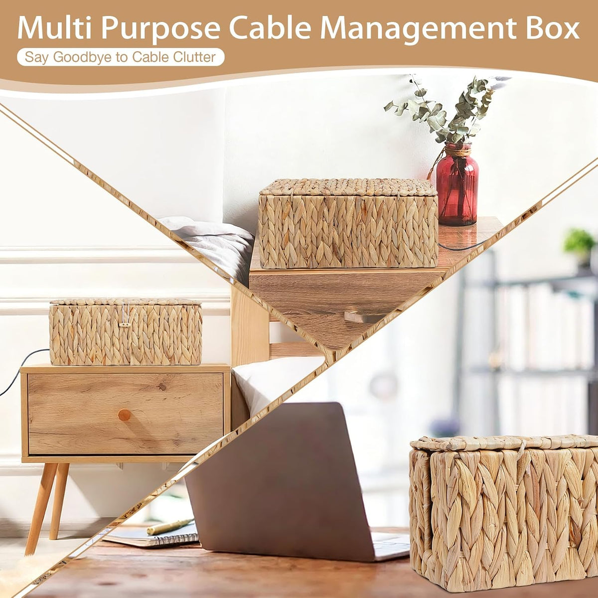 Cable Management Box with Lids-Handwoven Rattan Cord Organizer with Open Slot...