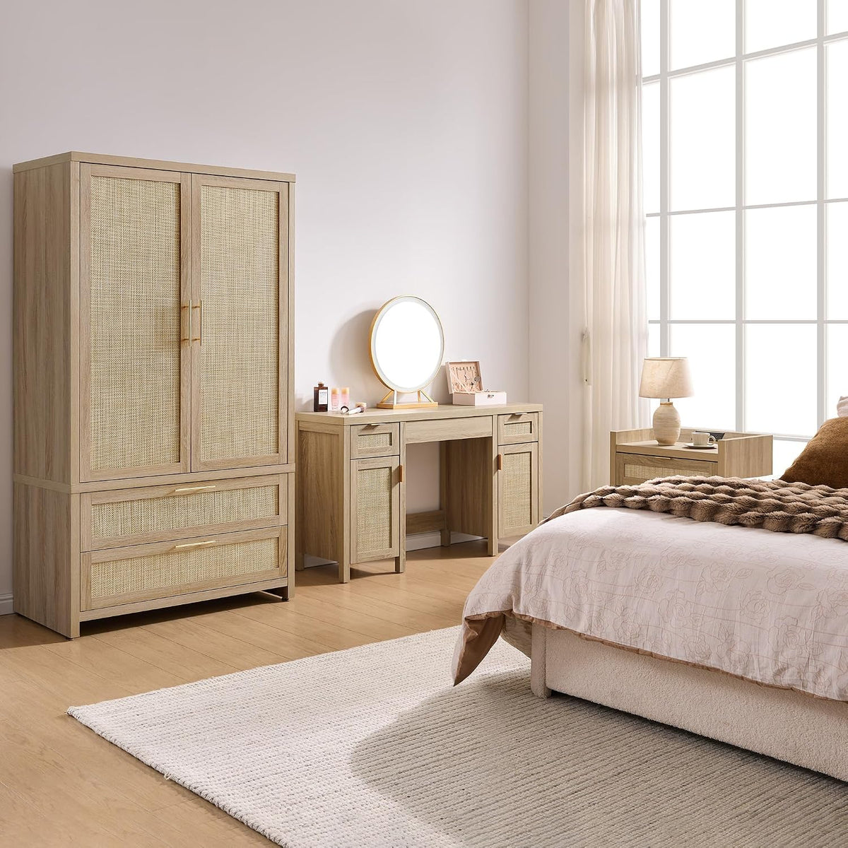 SICOTAS 52" Rattan Vanity Desk with 3 Drawers & 2 Cabinets, Vanity T...