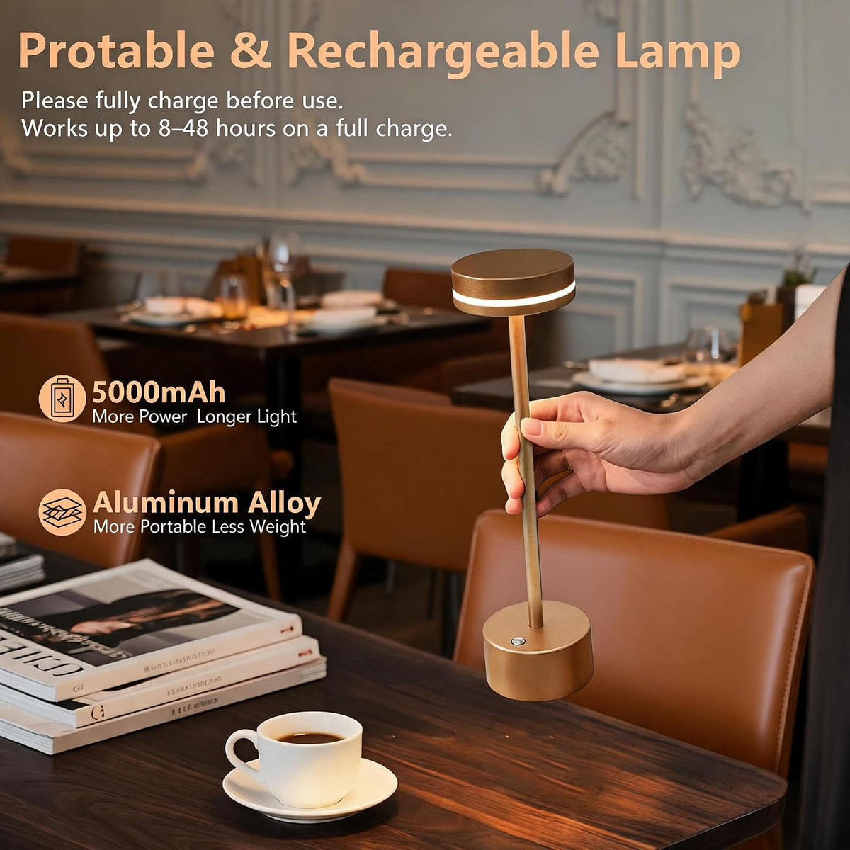 2 Pack Cordless Table Lamps, 5000 mAh Rechargeable Touch LED Lamps