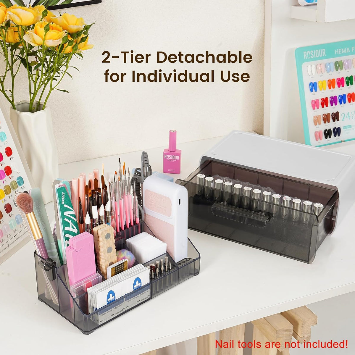 2-Tier Nail Tech Desk Organizer with Drawer for Polish, Brushes, Drill Bits