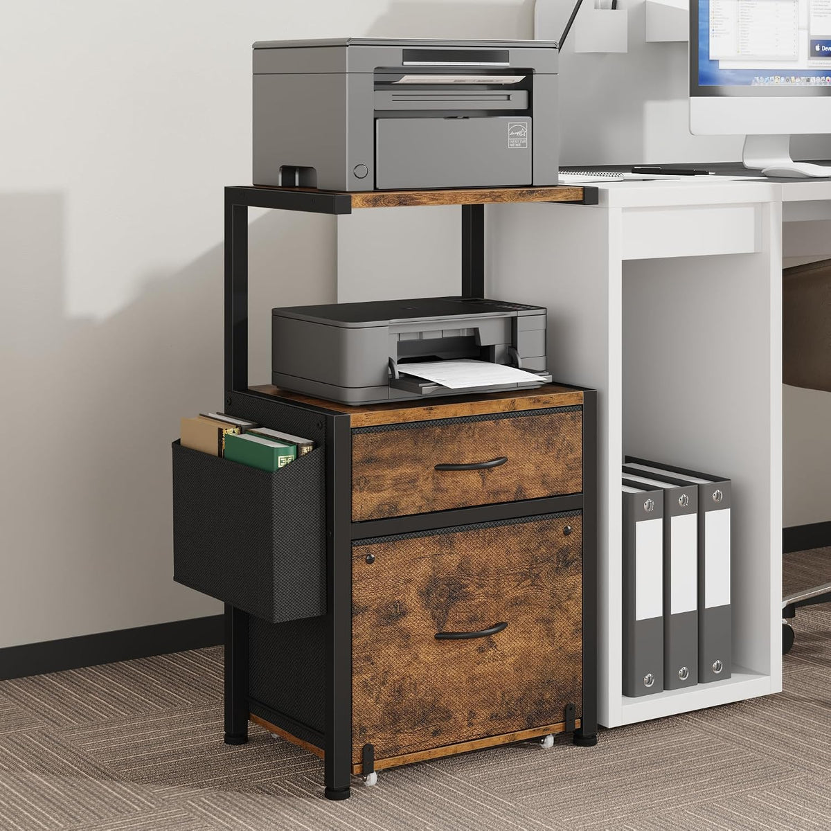 HIGDBFE File Cabinet with 2 Fabric Drawers and Printer Stand, Rustic Brown