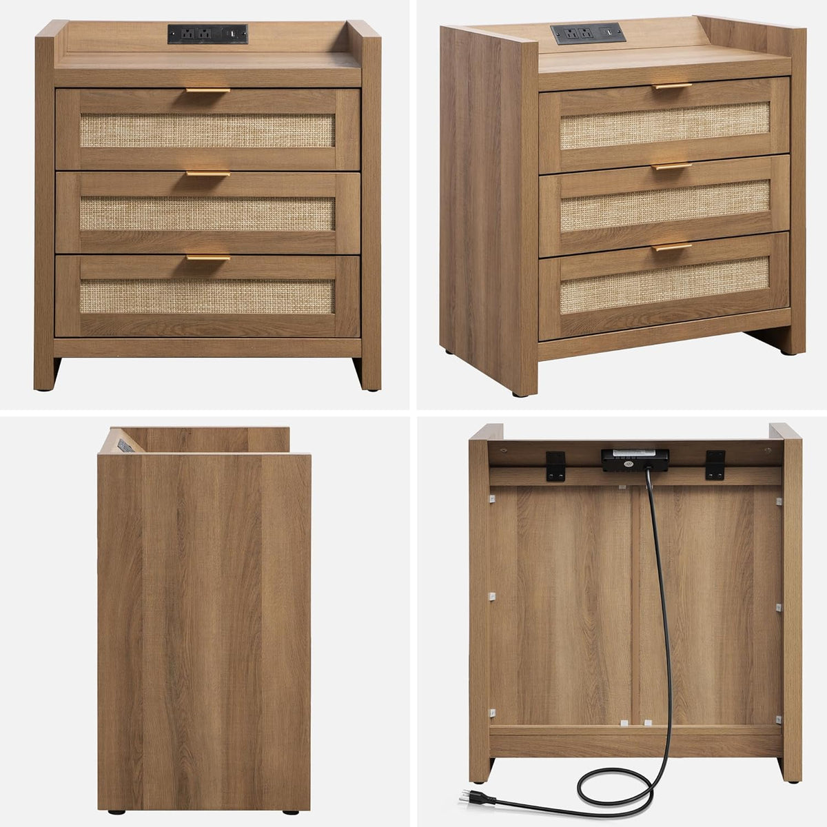 SICOTAS Rattan Nightstand for Bedroom, Bedside Table with 3 Large Drawers