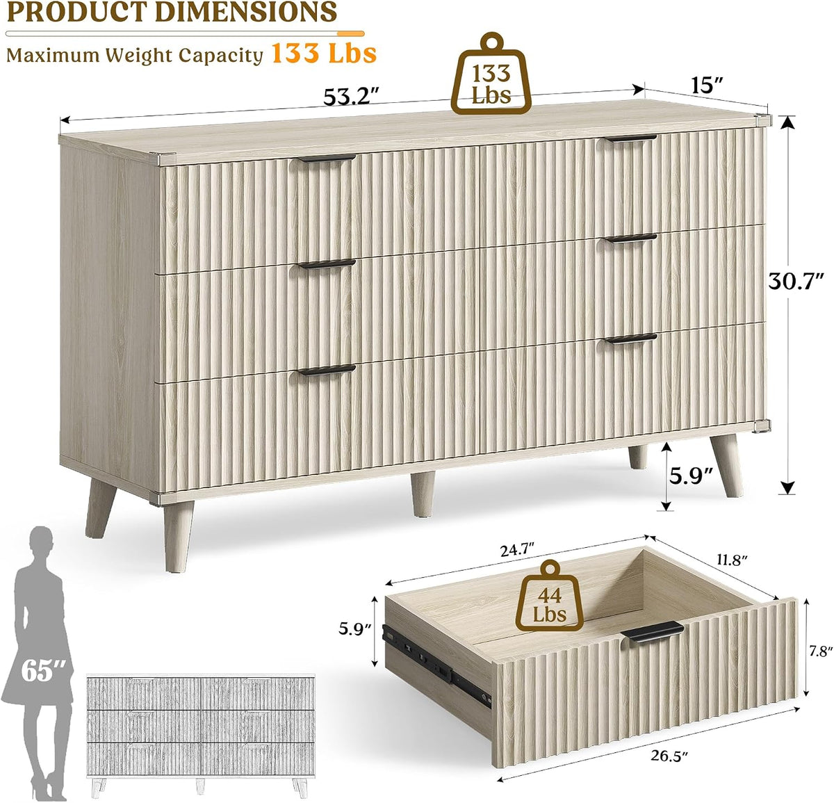 Wood Tall 6 Drawers Dresser, 53.2" W Fluted Modern Dressers for Bedroom