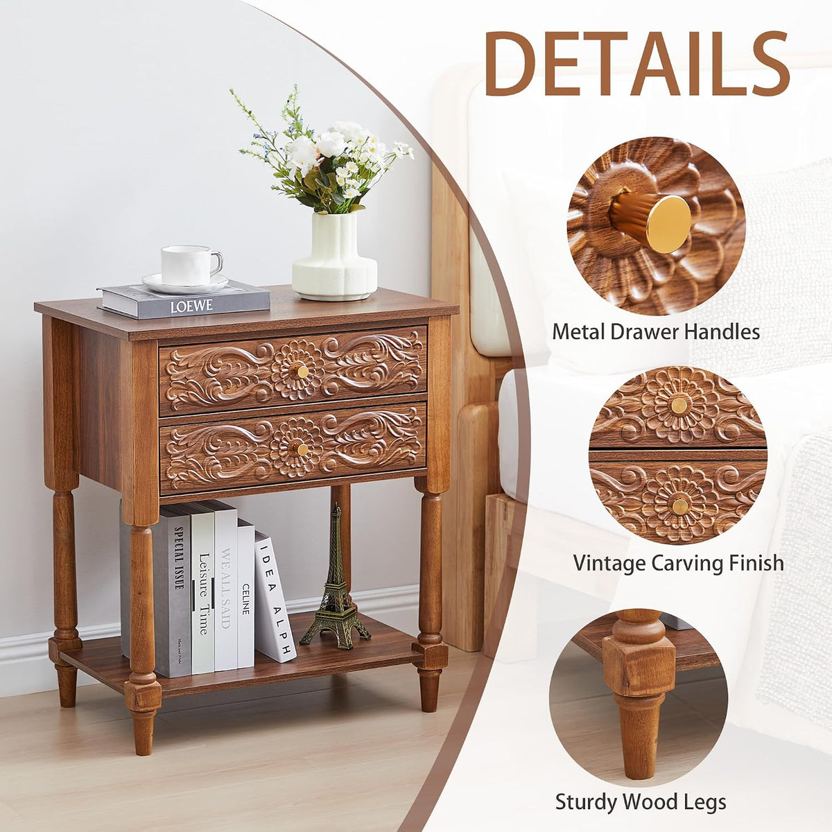 Nightstand, Farmhouse Bedside Table with 2 Drawers and Open Shelf
