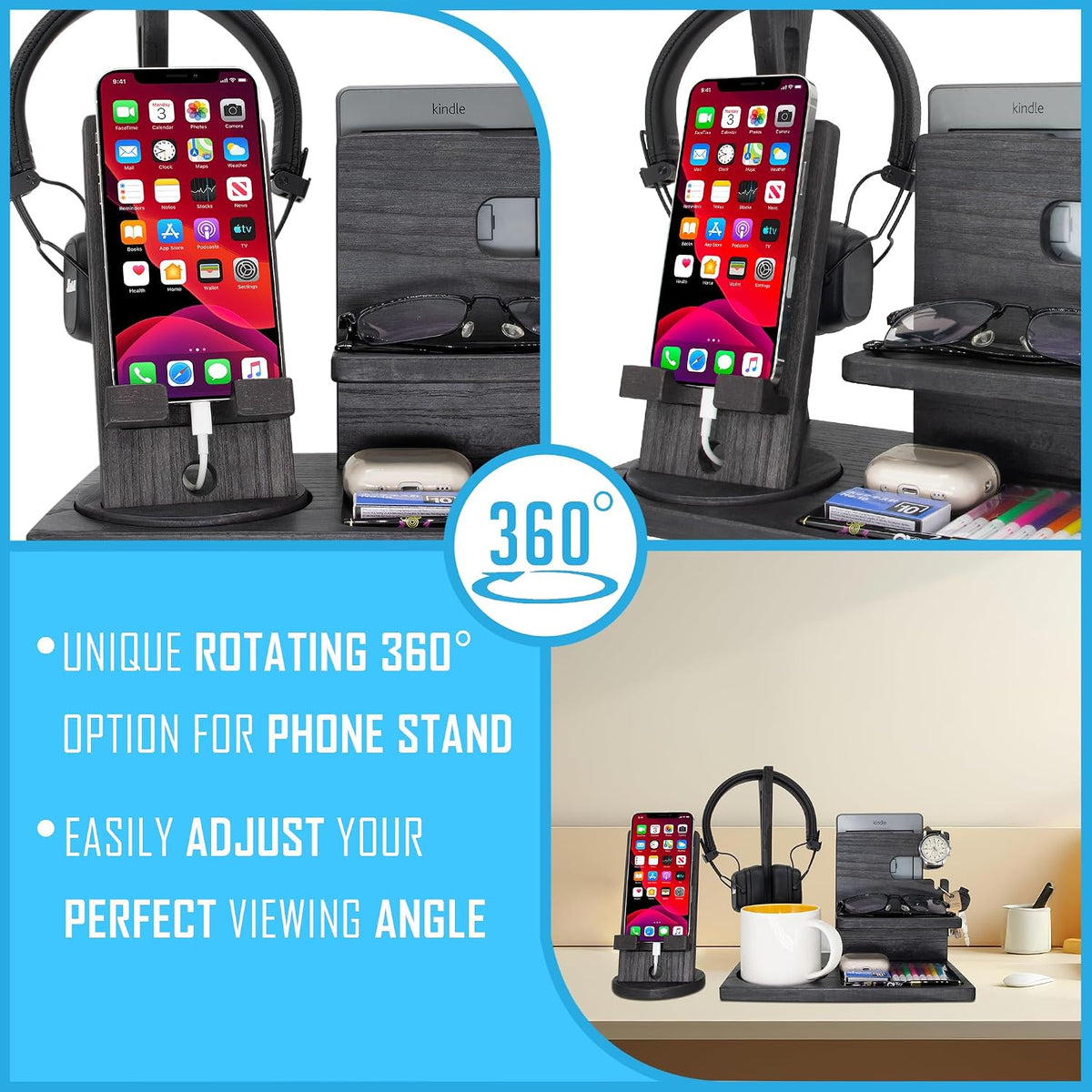 Gift for Men Nightstand Organizer with Headphone Stand & Rotating Phone S...