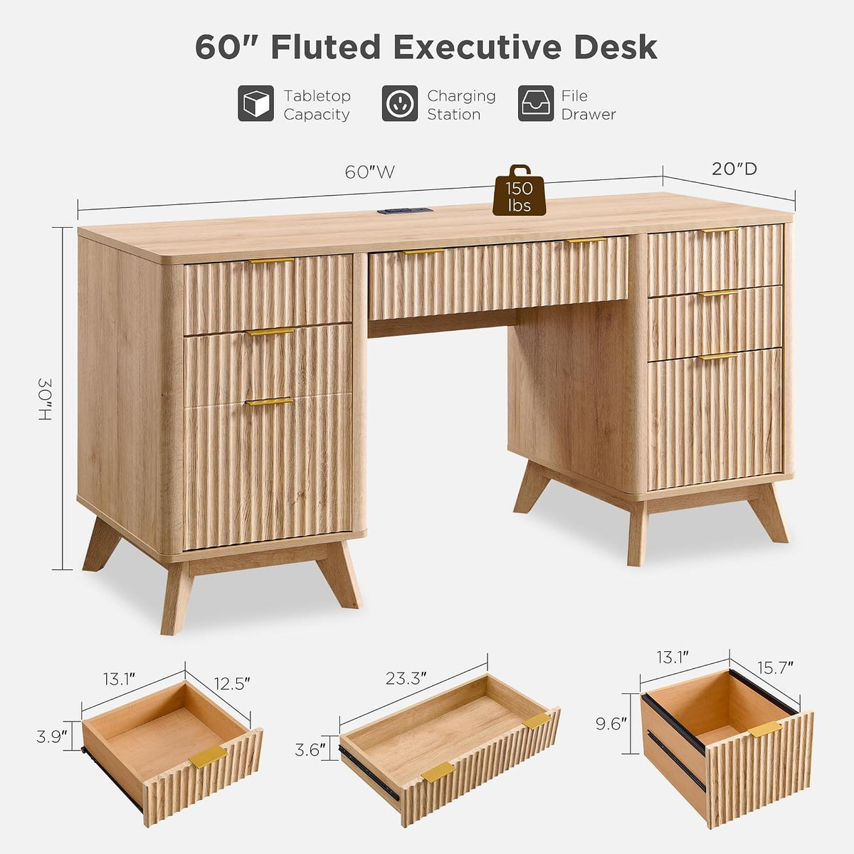 T4TREAM 60-Inch Modern Fluted Executive Desk with Drawers, Natural Oak