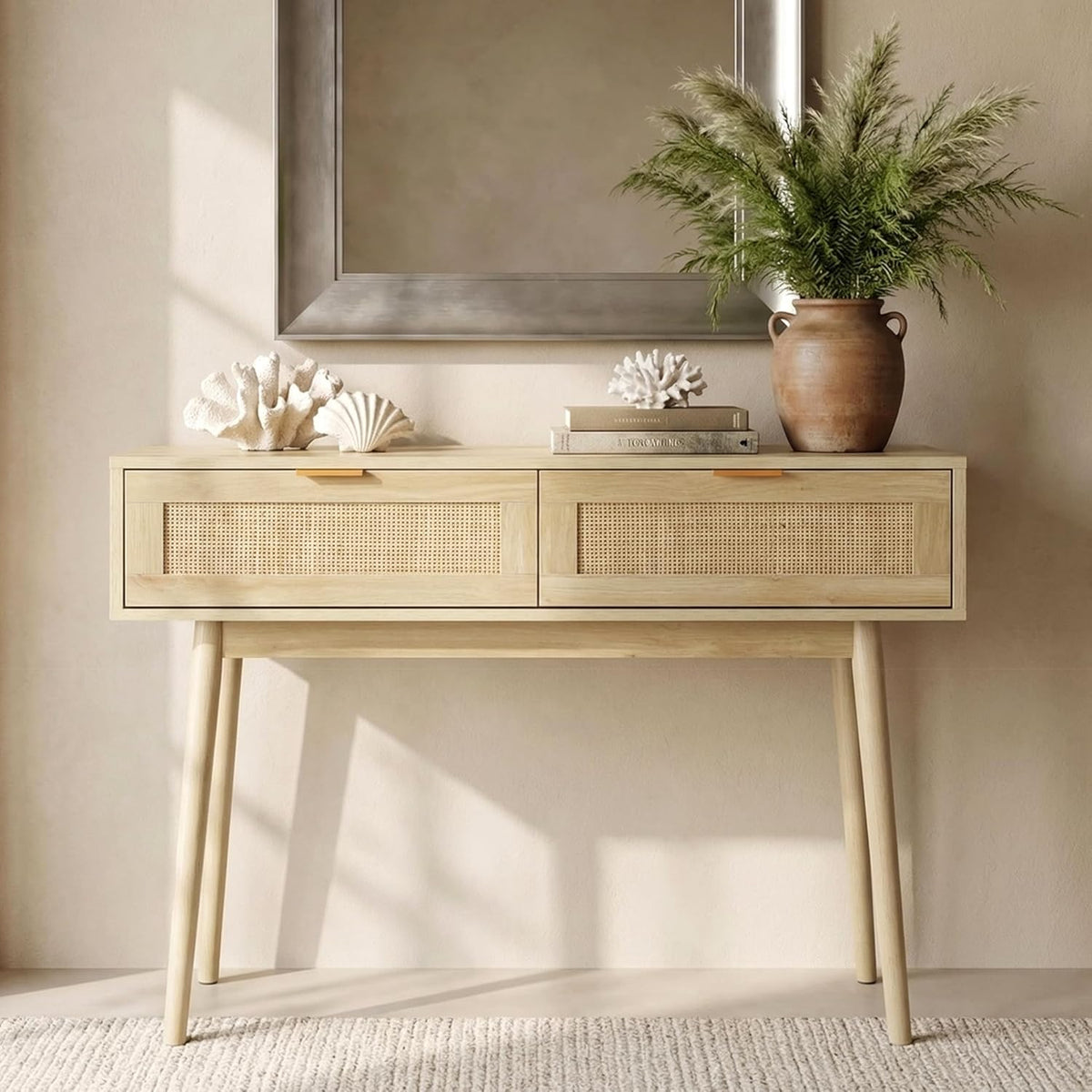 HOPUBUY Console Table Rattan Desk with Drawers, Narrow Sofa