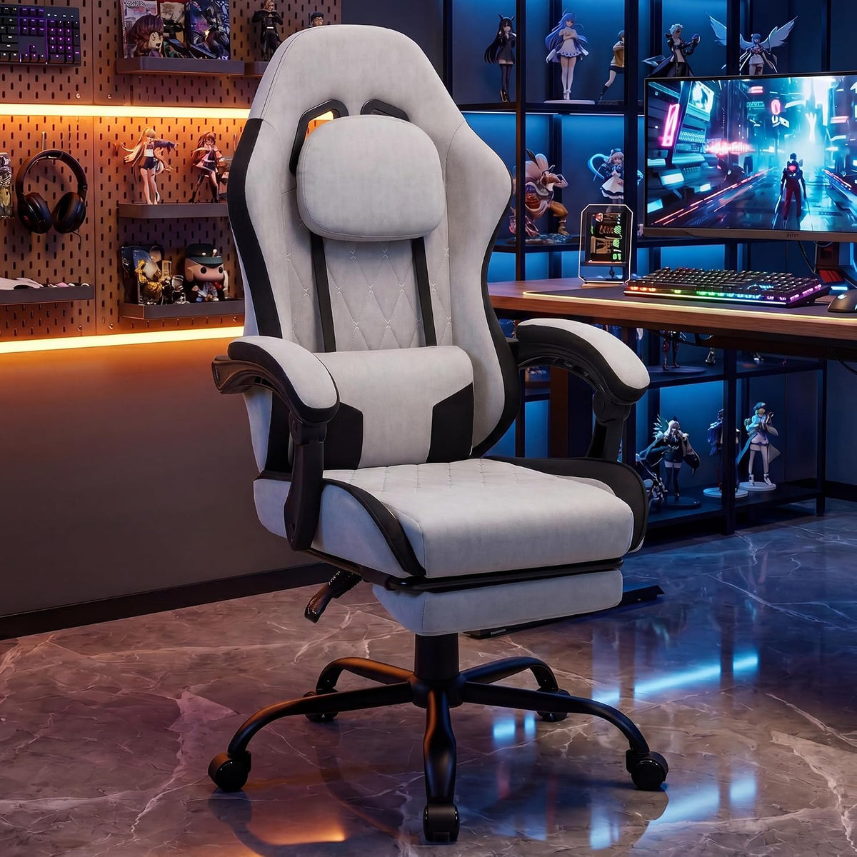 Gaming Chair for Adults, Computer Chair Fabric, Footrest, Reclining, Gray
