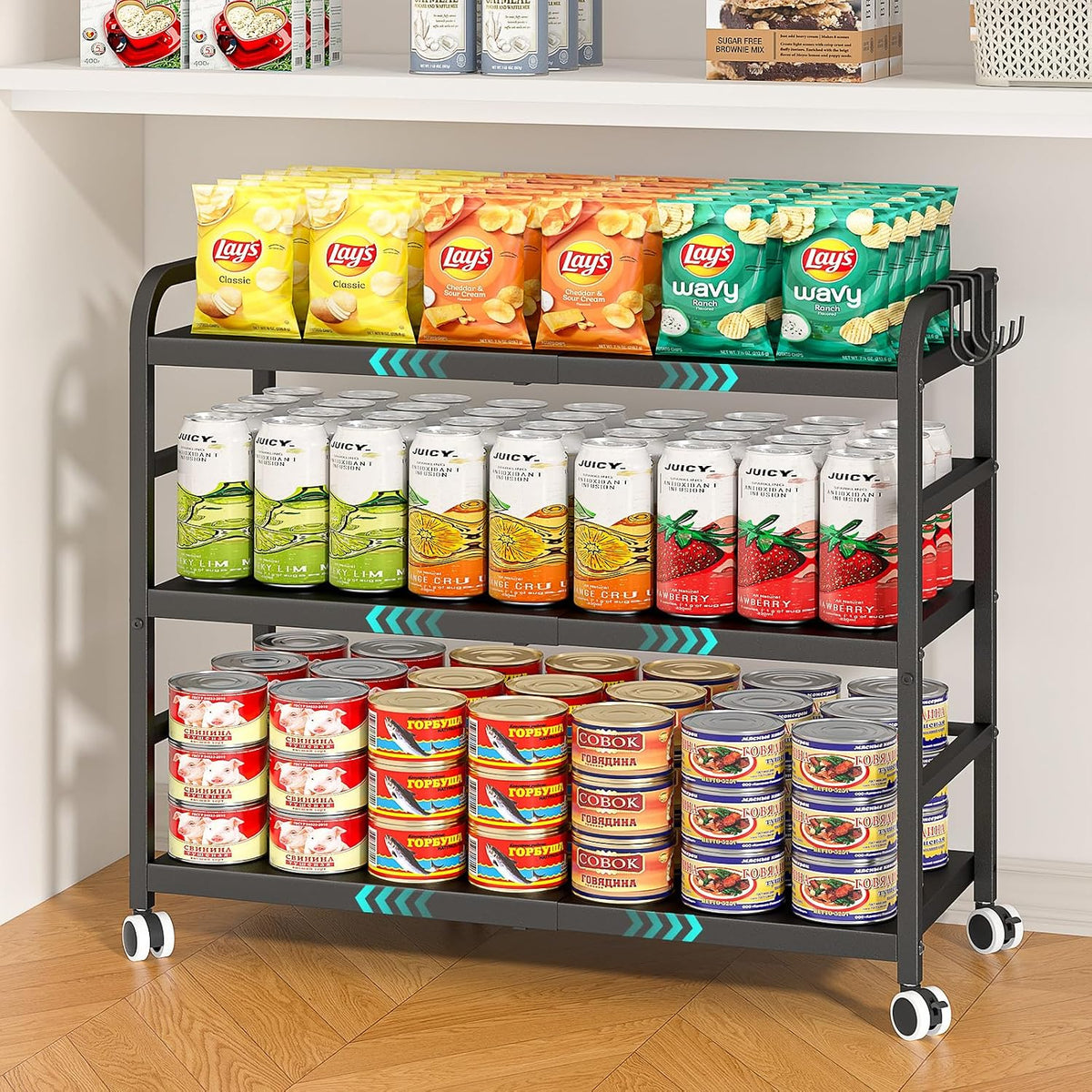 DAOUTIME 3-Tier Expandable Rolling Cart, Pantry Storage Cart with Wheels, Adj...
