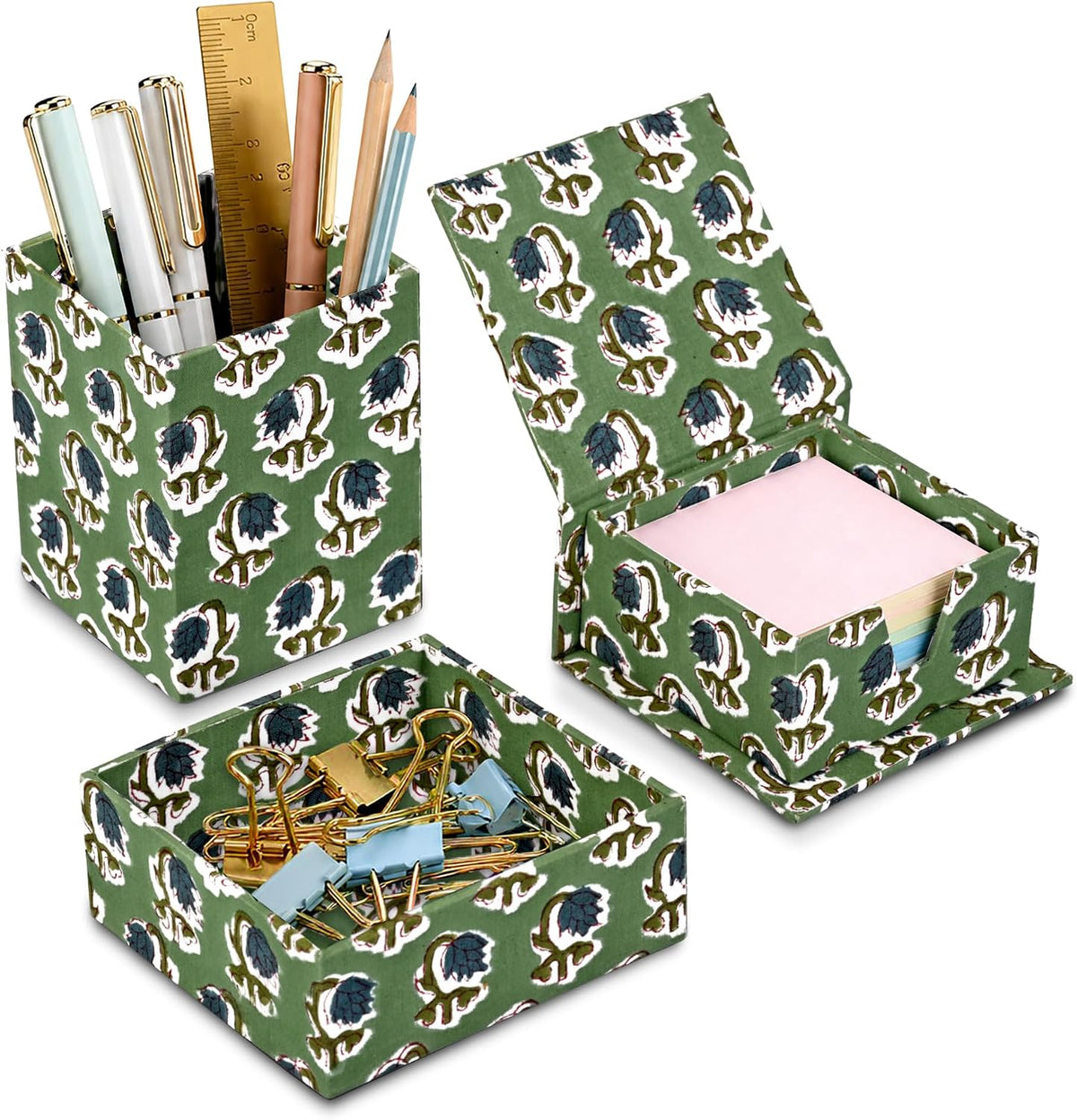 Ridhi Basil Green Block Print Desk Organizer Pen & Notepad Holder Set-3