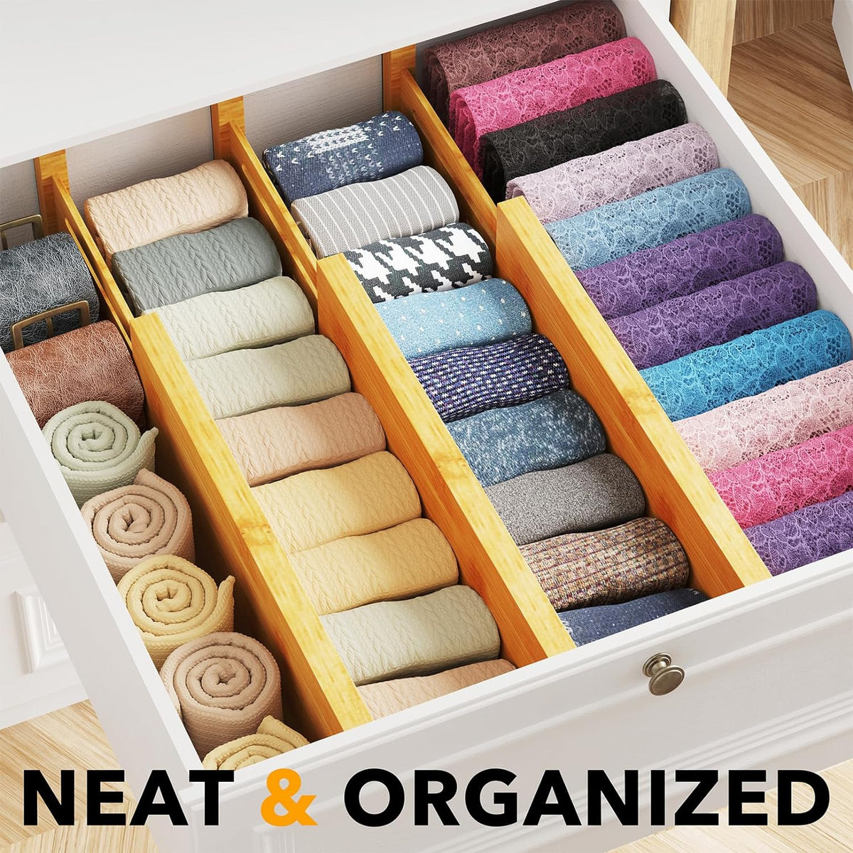 SpaceAid Bamboo Dresser Drawer Dividers 6 Pack, 4.65“ High Adjustable 12.5“-1...