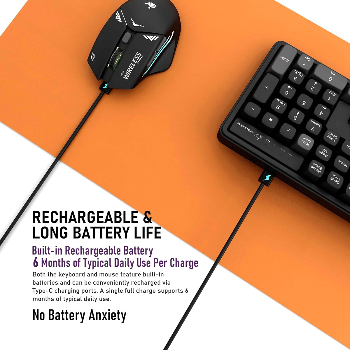 Rechargeable Wireless Keyboard and Mouse Combo, Full-Size - Black-Gray