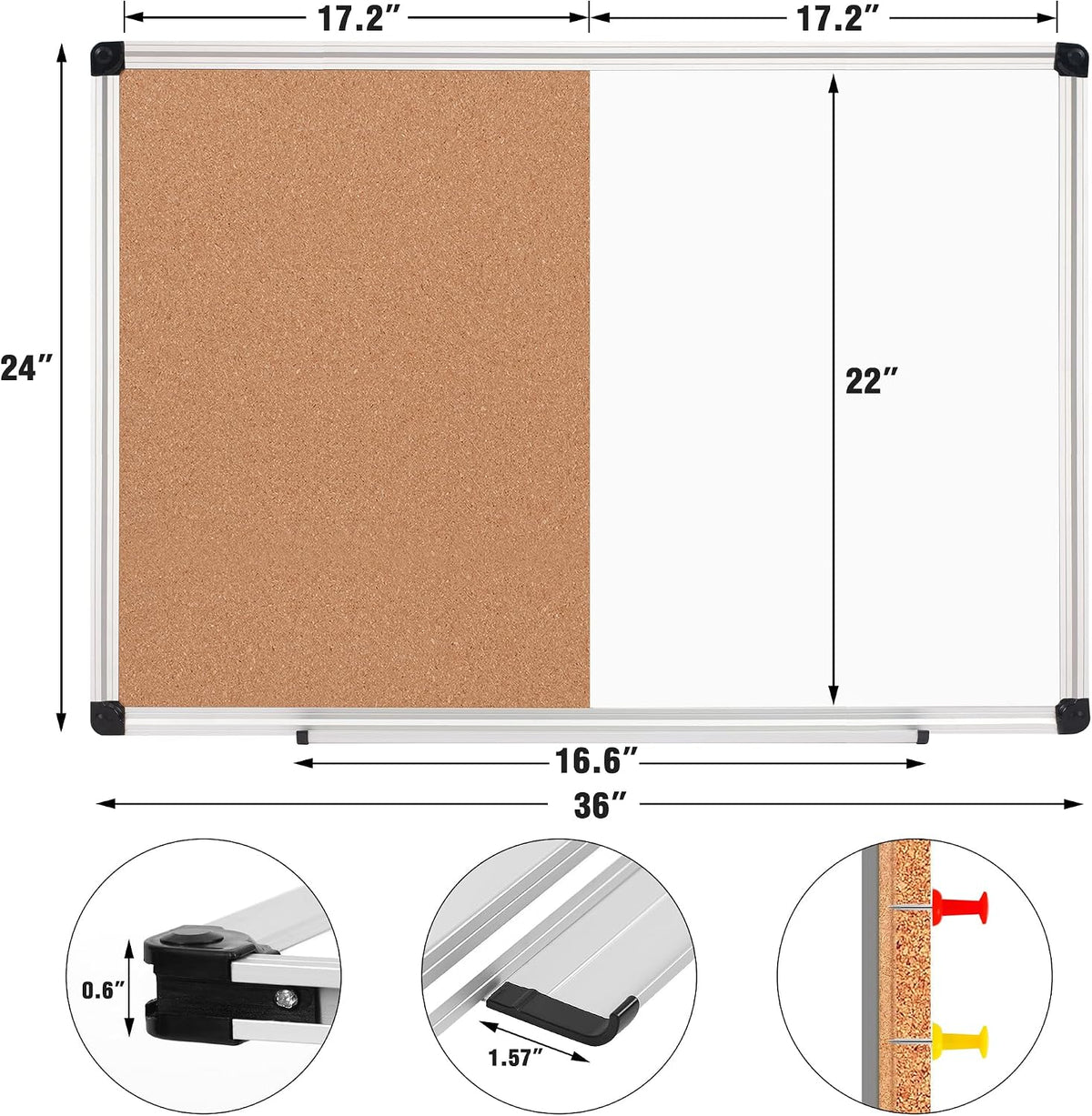 White Board and Cork Board Combo 36" x 24" Aluminum Frame