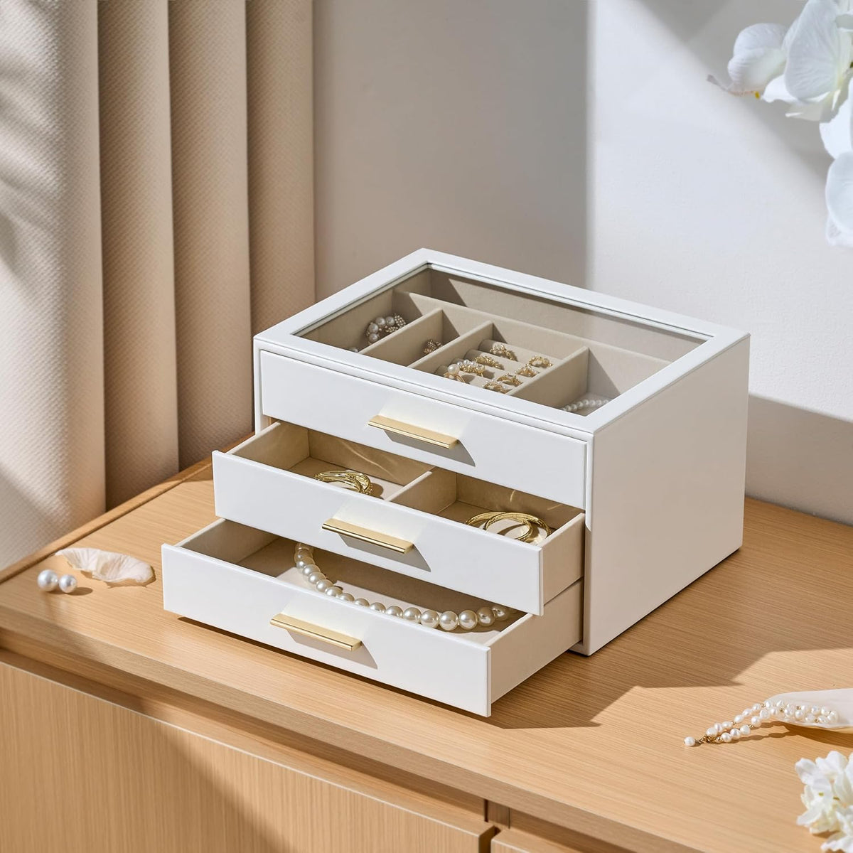 Jewelry Box Organizer Storage Case, 3-Layer with Glass Window, Pure White