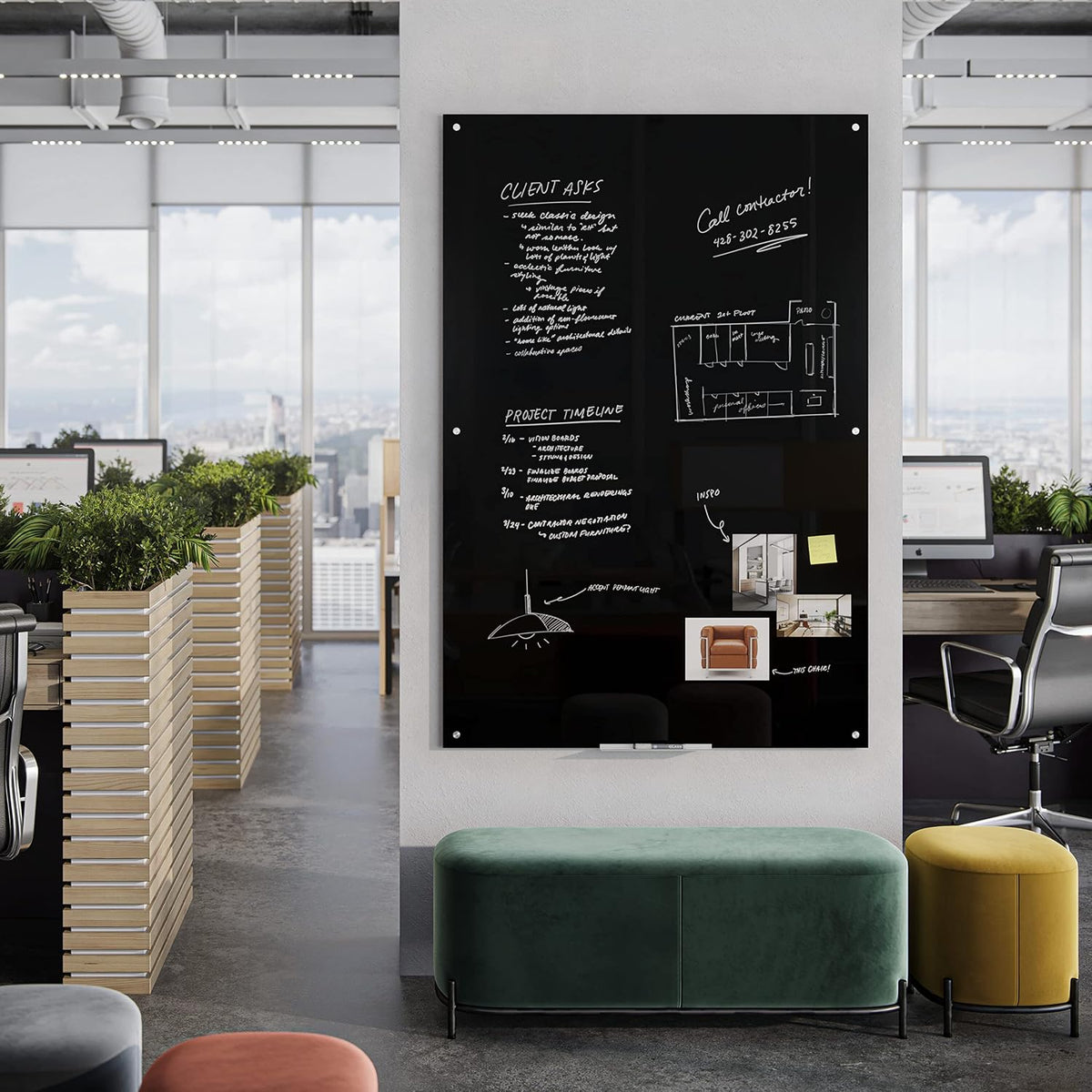 U Brands Black Glass Dry Erase Board, Wall Mounted White Board, 72" x 48...