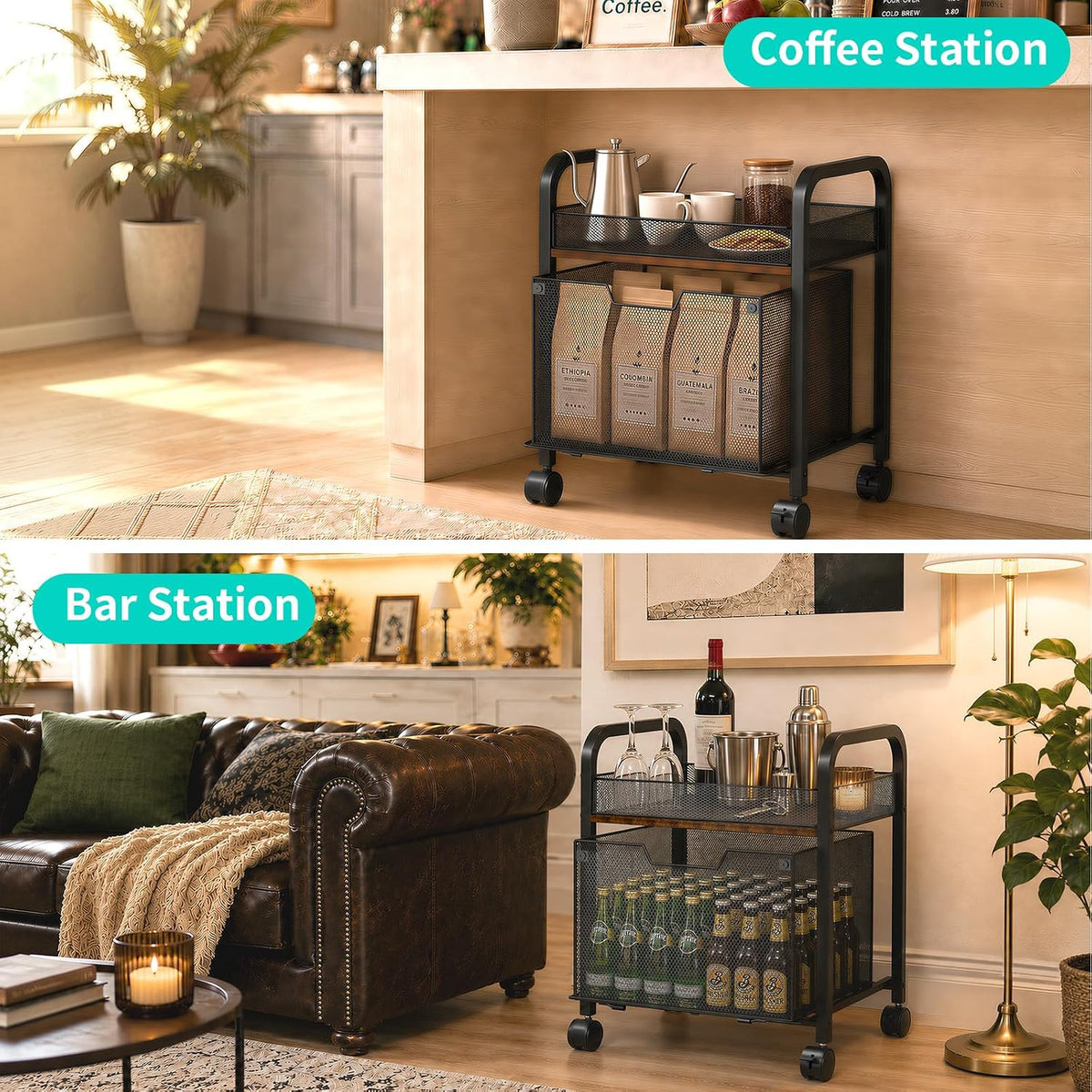 HapiRm 2 Tier Rolling Pantry Organizer Cart- Snack Storage Cart with Wheels