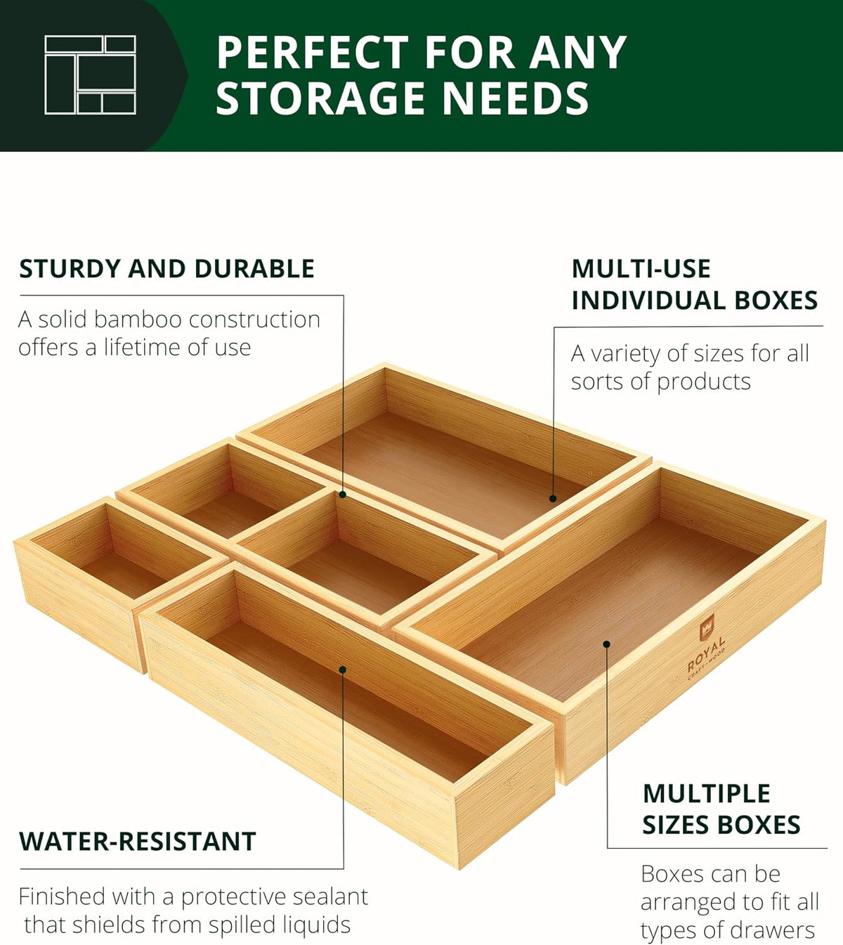 ROYAL CRAFT WOOD 5-Piece Bamboo Drawer Organizer Set – Multi-Use Storage Tray...