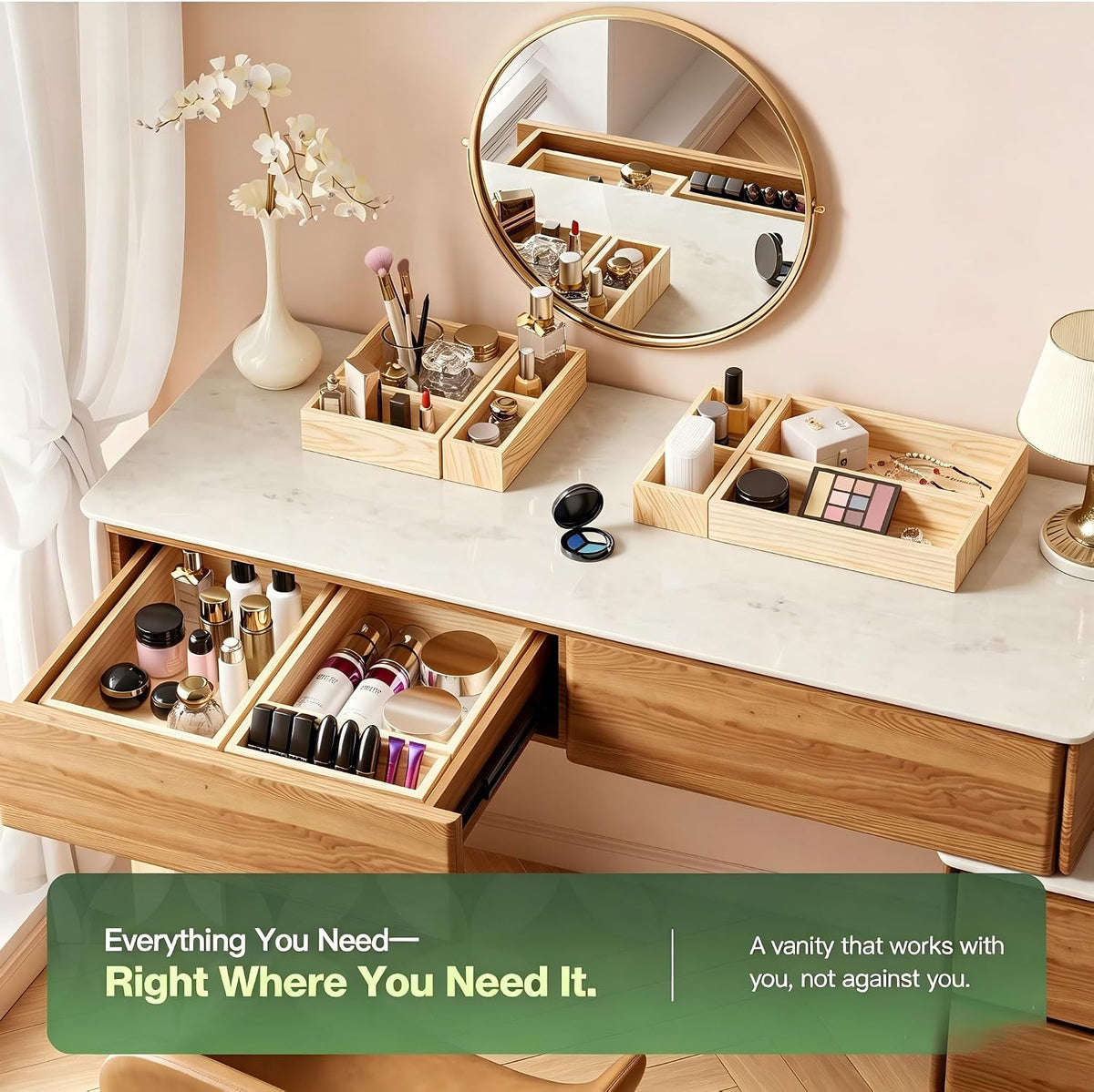 9-Pack Solid Wood Junk Drawer Organizer, Modular Desk Drawer Tray & Acces...
