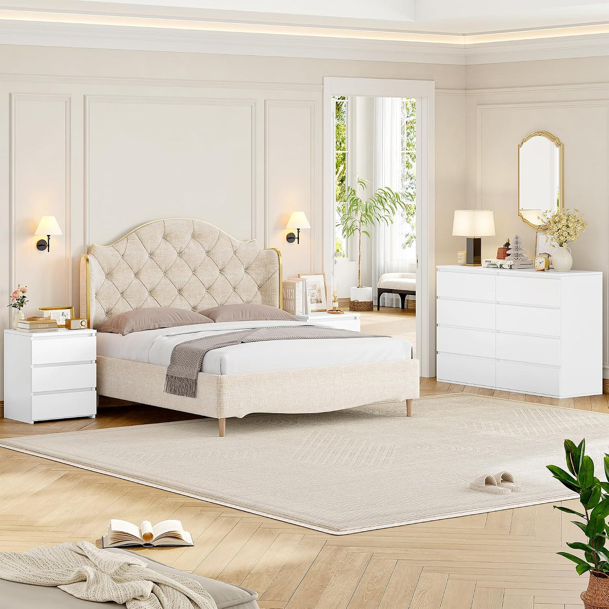 FOTOSOK Nightstands Set of 2, White Nightstand with 3 Drawers for Bedroom