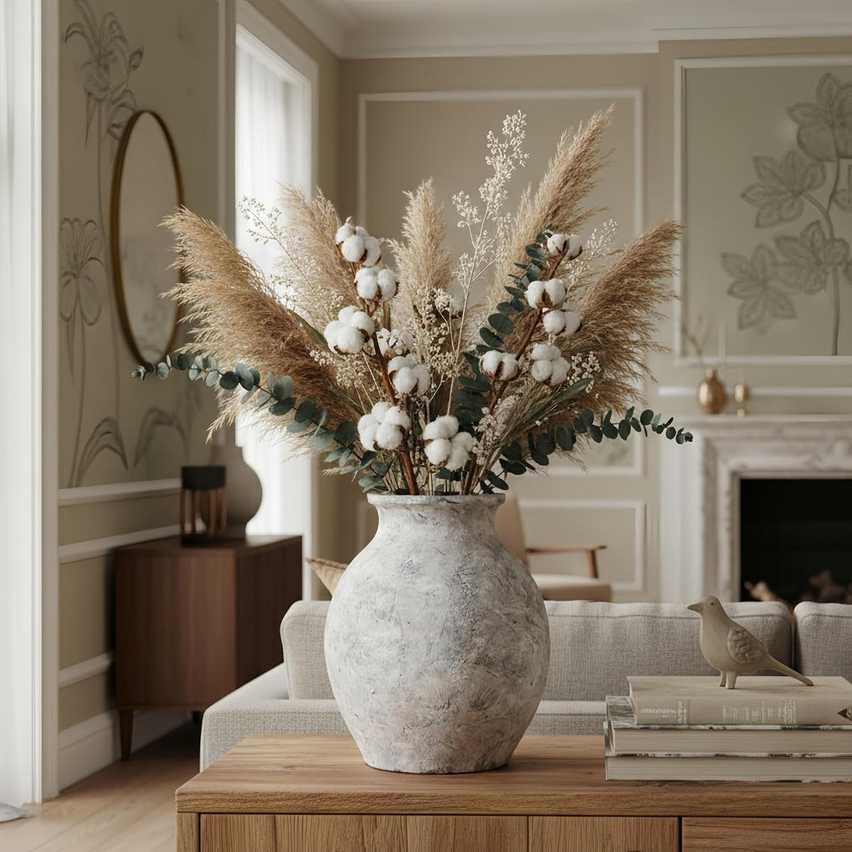 Lvases 10in XL White Ceramic Vase, Aged Stone Cement Mediterranean Vase