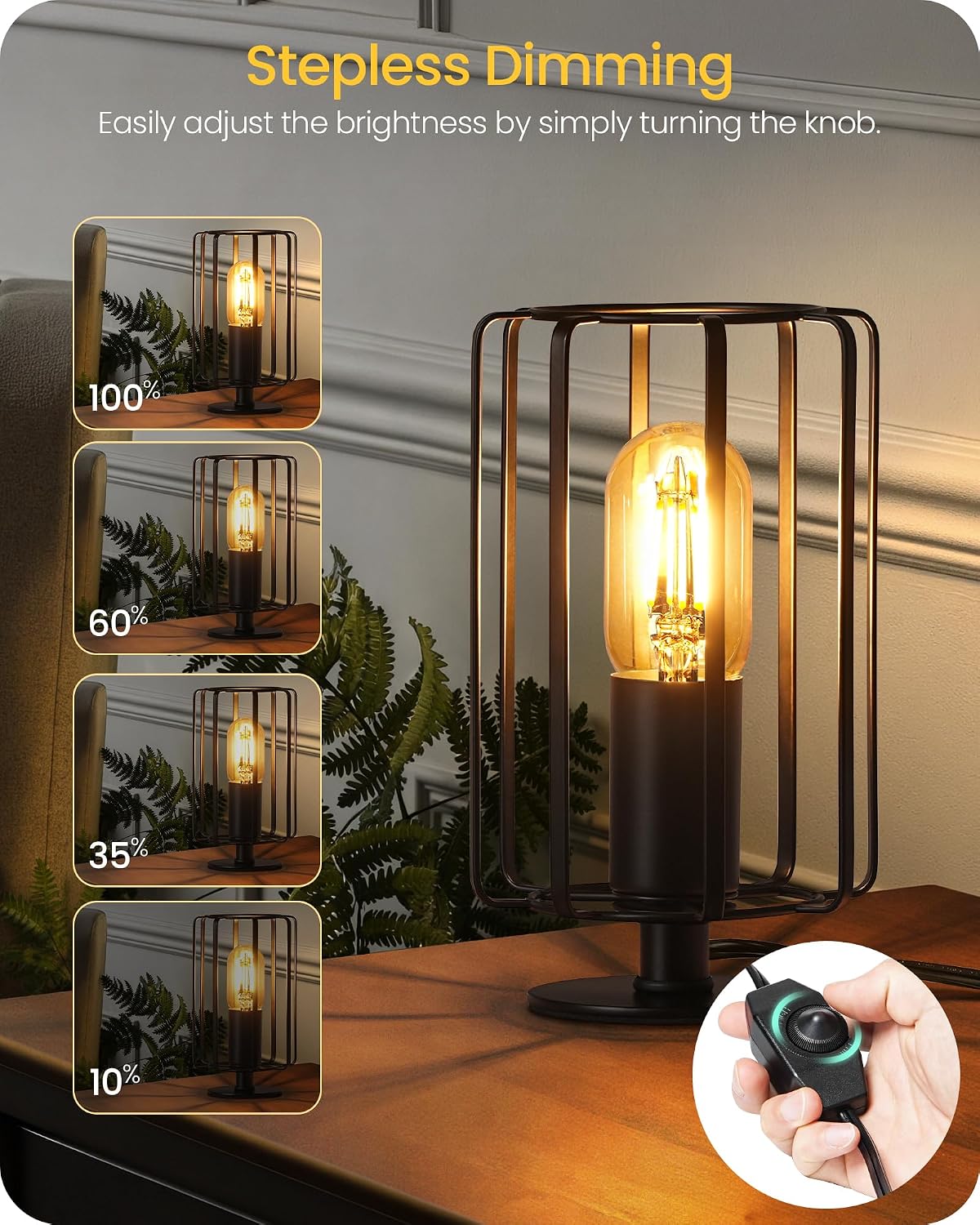 Industrial Table Lamp Set of 2, Small Bedside Lamp with Dimmable 2400K Warm L...