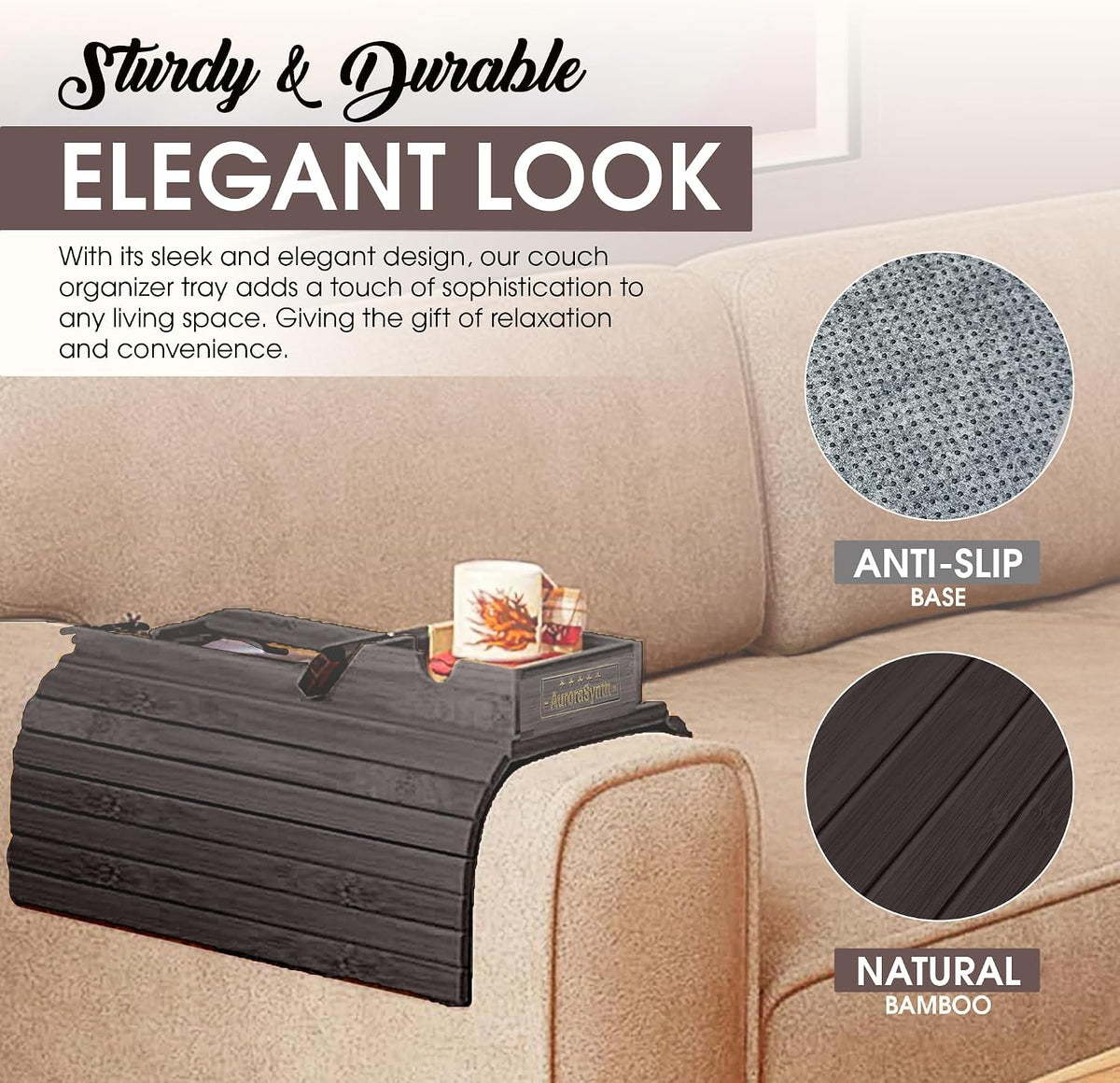 Couch Cup Holder, 2 Cork Coasters, Anti-Slip Foldable Couch Arm Tray Walnut