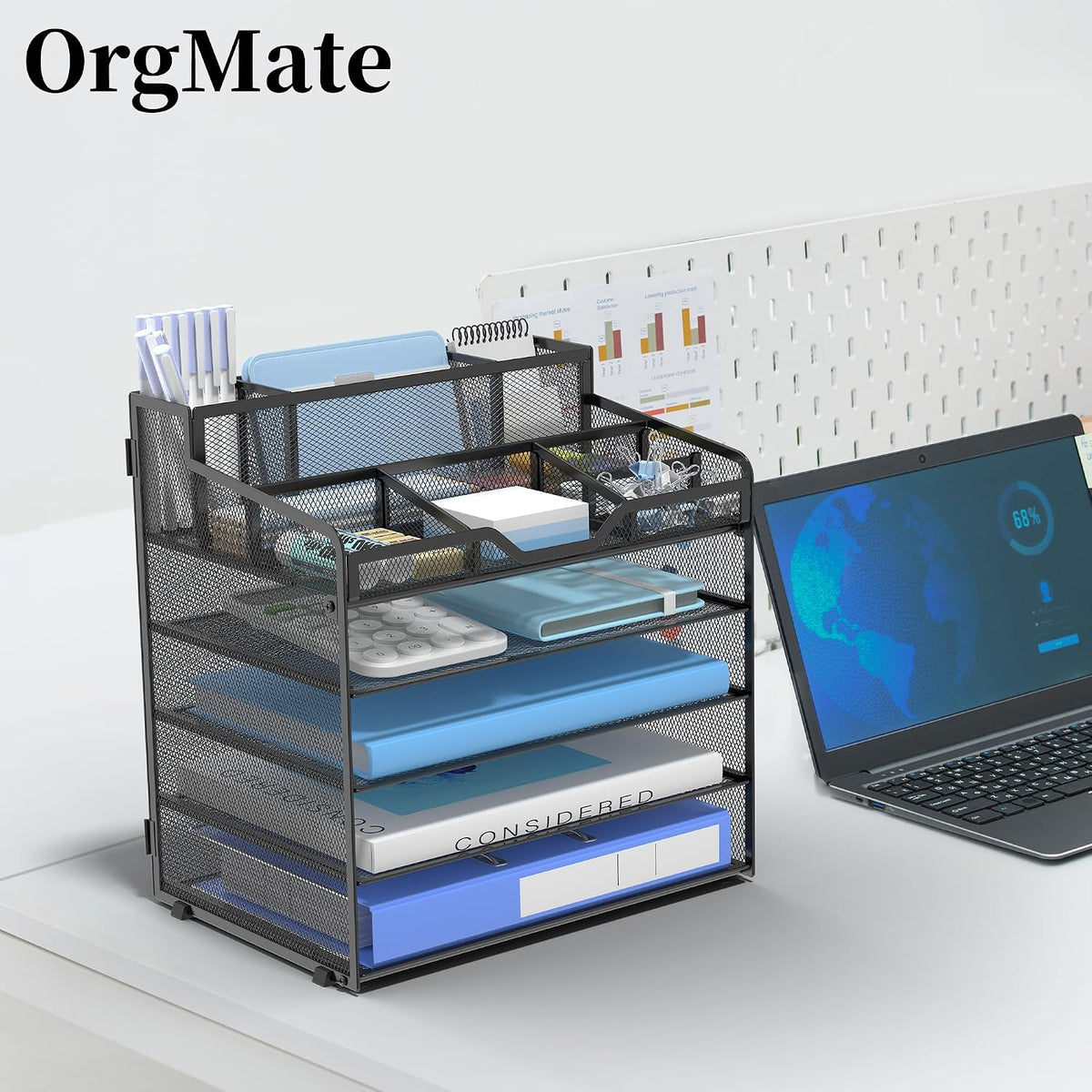 5 Tier Mesh Paper Desk Organizer with Pen Holders, Black