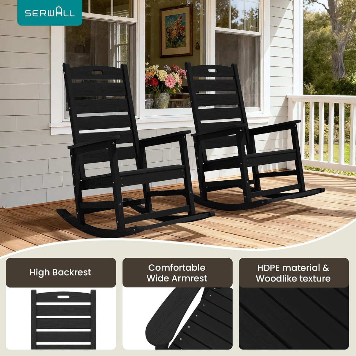 SERWALL Outdoor Rocking Chair Set of 2, Oversized HDPE Rocker, Black
