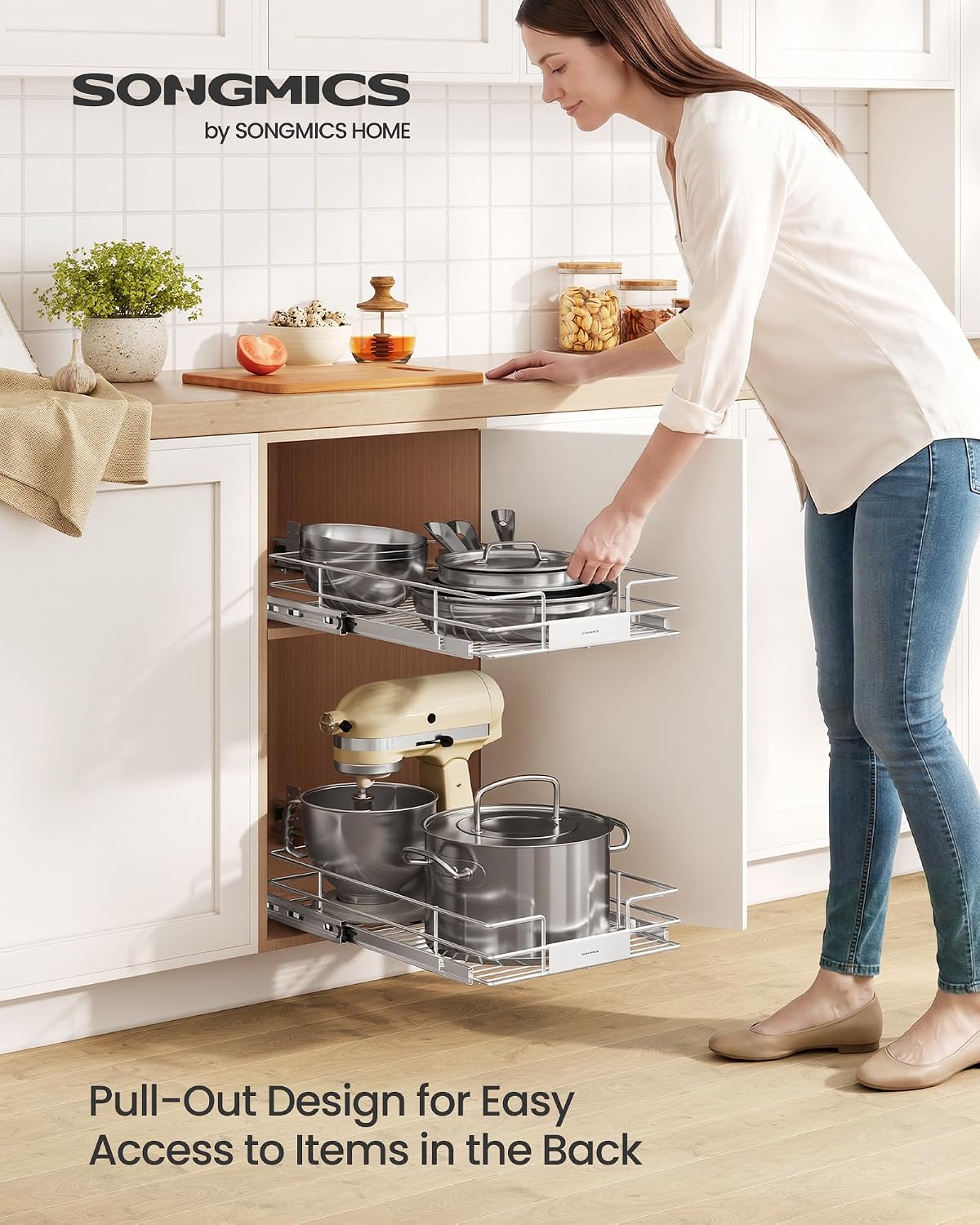 SONGMICS Pull Out Cabinet Organizer 14.6" W x 21.3" D, Easy Pull-Out