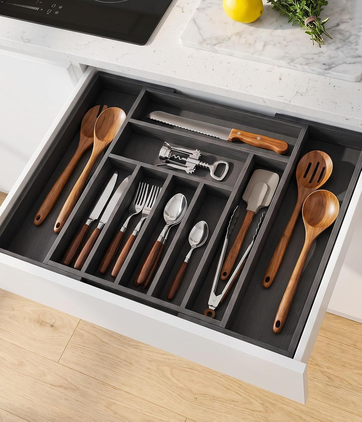 Expandable Bamboo Silverware Organizer, Kitchen Utensil Drawer Organizer