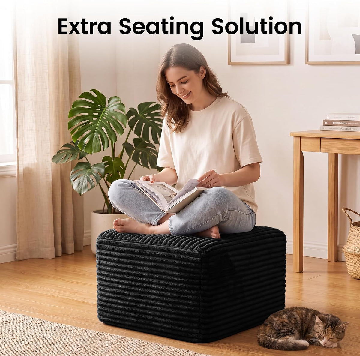 Boneless Ottoman, 27.6" Corduroy Ottoman Footrest for Boneless Couch, Black