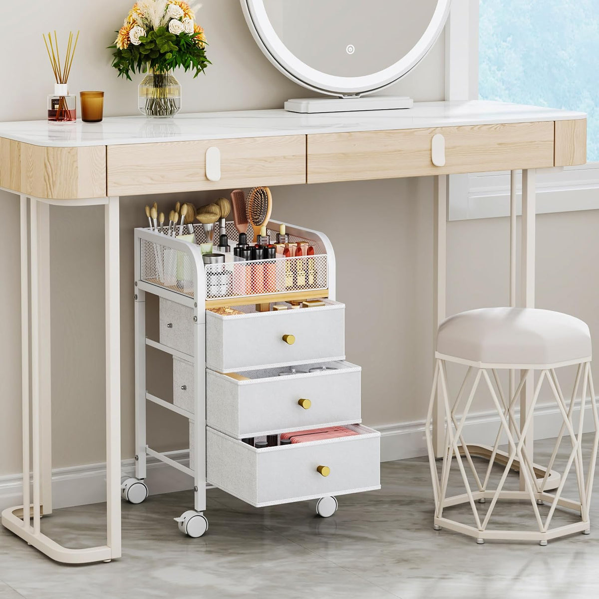 SWTYMIKI Rolling Makeup Organizer Cart - Under Desk Vanity Makeup Storage wit...