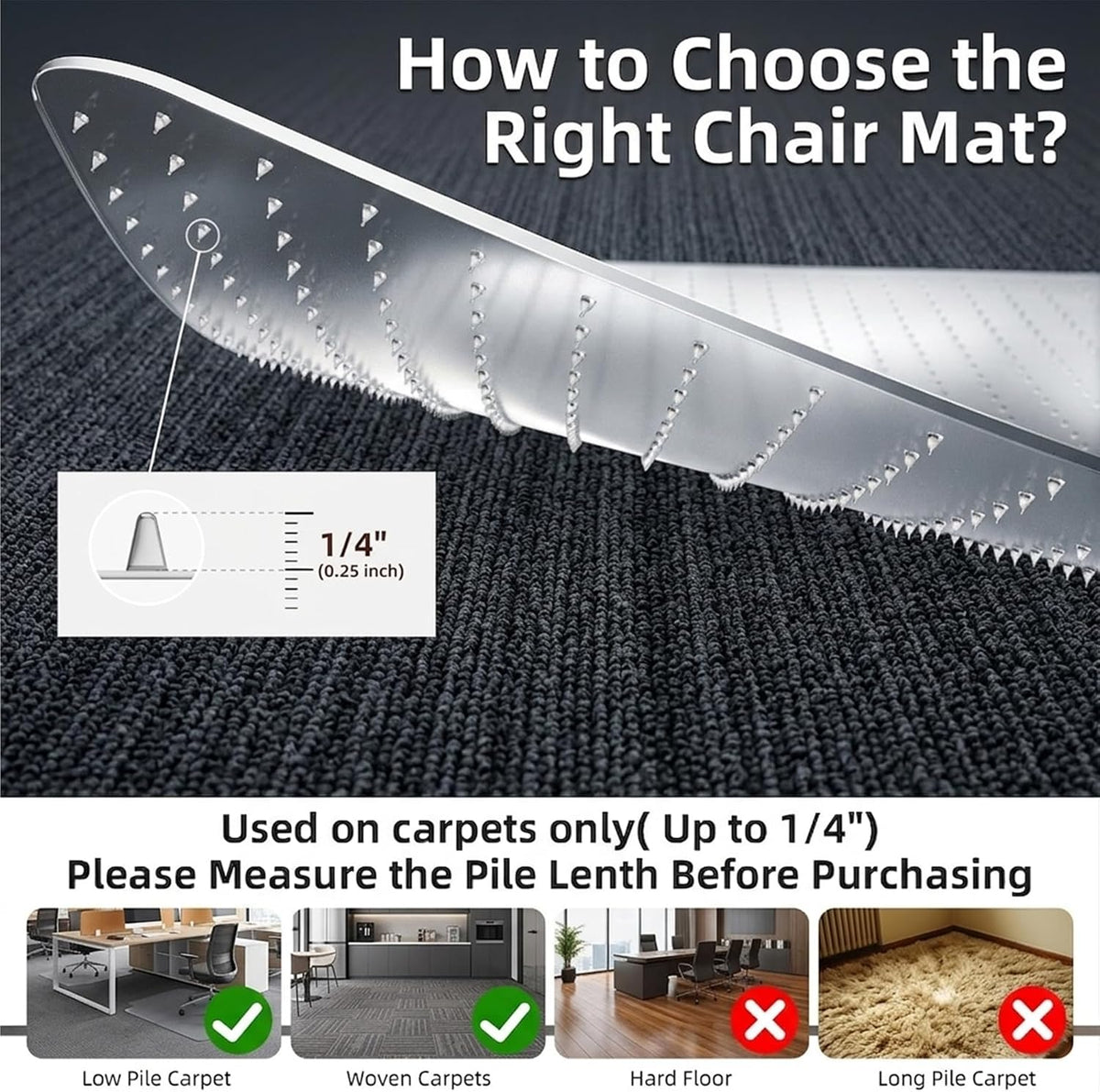 Office Chair Mat for Low-Pile Carpet 30" x 48", Compact Carpet Prot...
