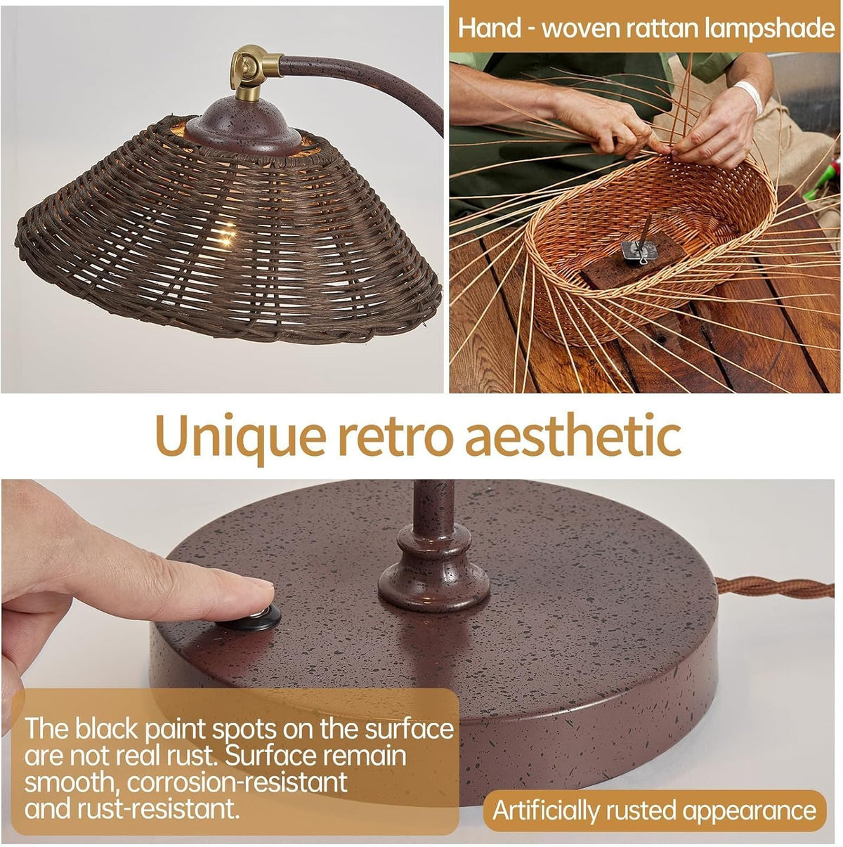Touch Control Vintage Brown Rattan Table Lamp Set of 2 Adjustable Swing Arm