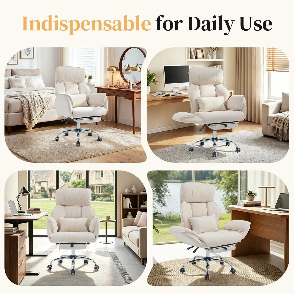 Criss Cross Office Chair with Footrest - 5-Gear Flat Armrests Corduroy Desk C...