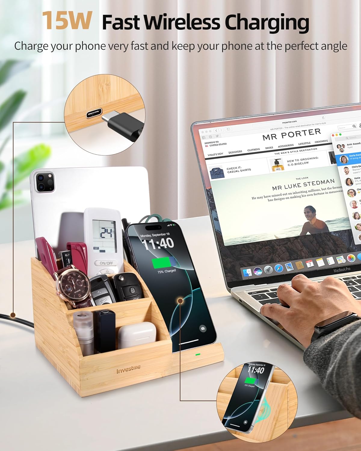 Bamboo Pen Holder with Wireless Charger, Desk Organizer 5 Compartments