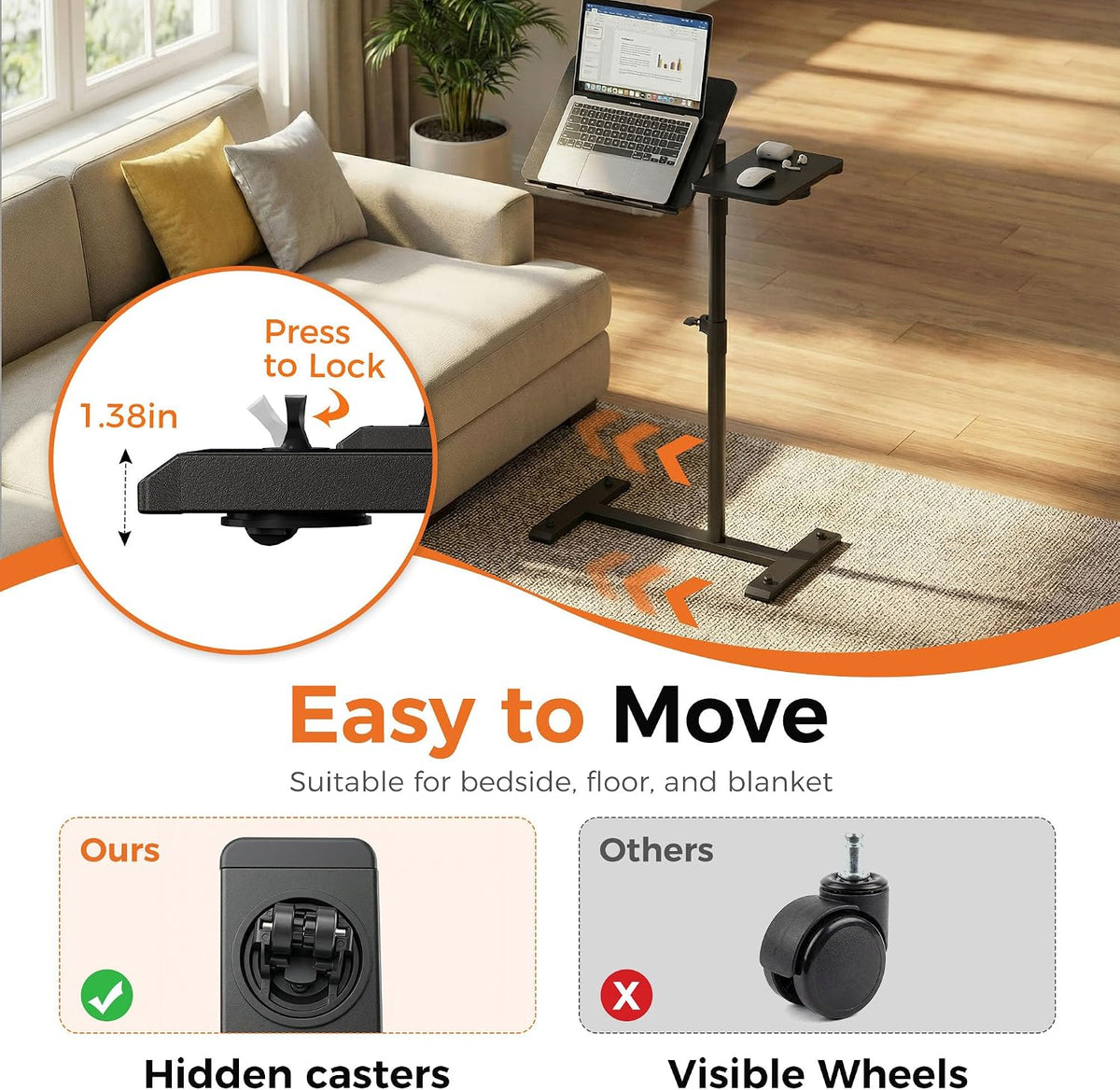 Aothia Small Standing Desk Rolling Table Adjustable Height, Laptop Mobile Sta...