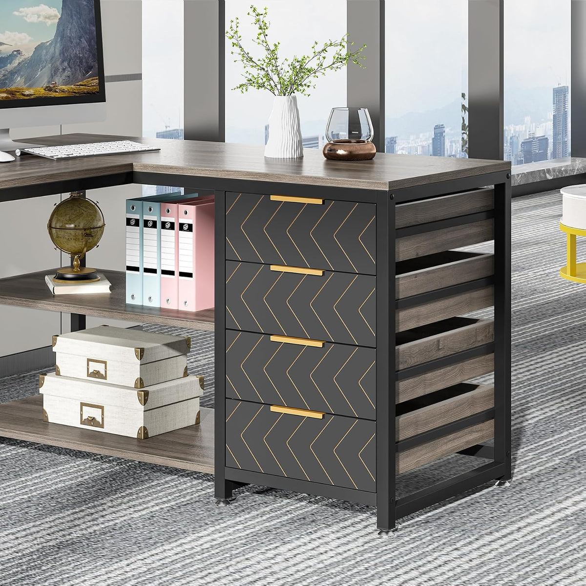 Tribesigns L Shaped Computer Desk with Storage Drawers, 59 inch Corner Desk w...