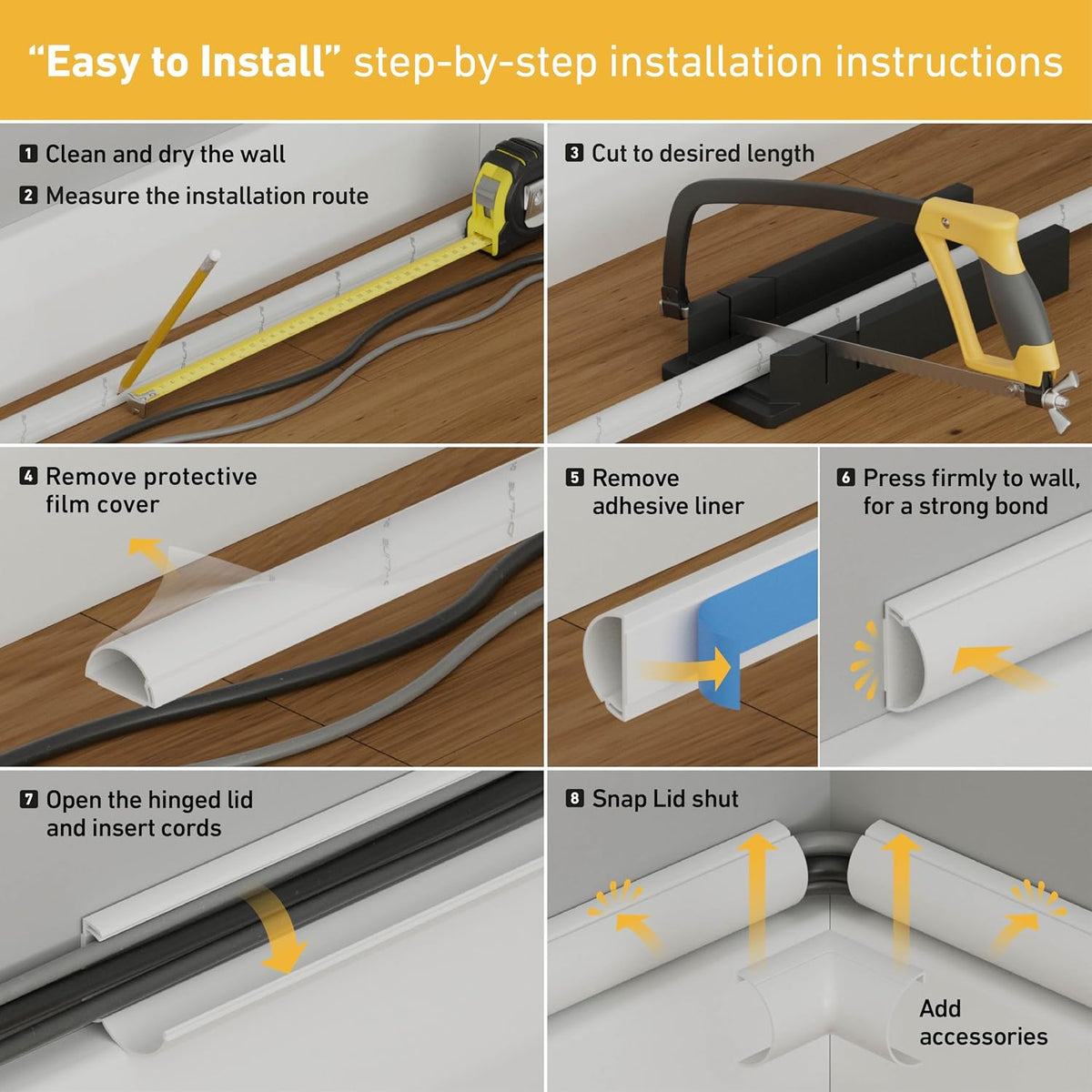 D-Line 157in Cord Cover Kit, Self-Adhesive Wire Hiders, Paintable Cable Racew...