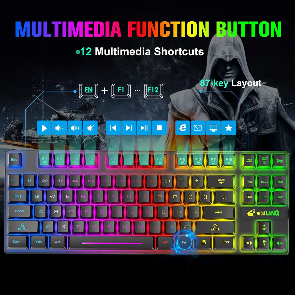 Wireless Membrane Gaming Keyboard and Mouse Set with 87Key Tenkeyless-Black