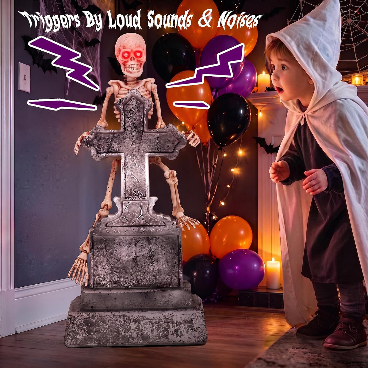 46" Halloween Animatronic Tombstone Decor, Sound‑Activated Swaying Skeleton