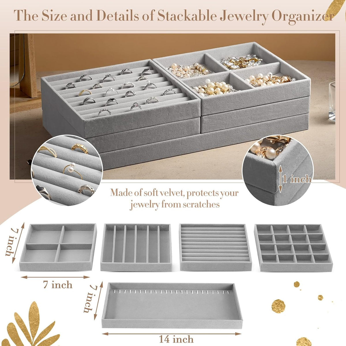 Cinnvoice Set of 10 Stackable Jewelry Organizer Tray for Drawer, Gray