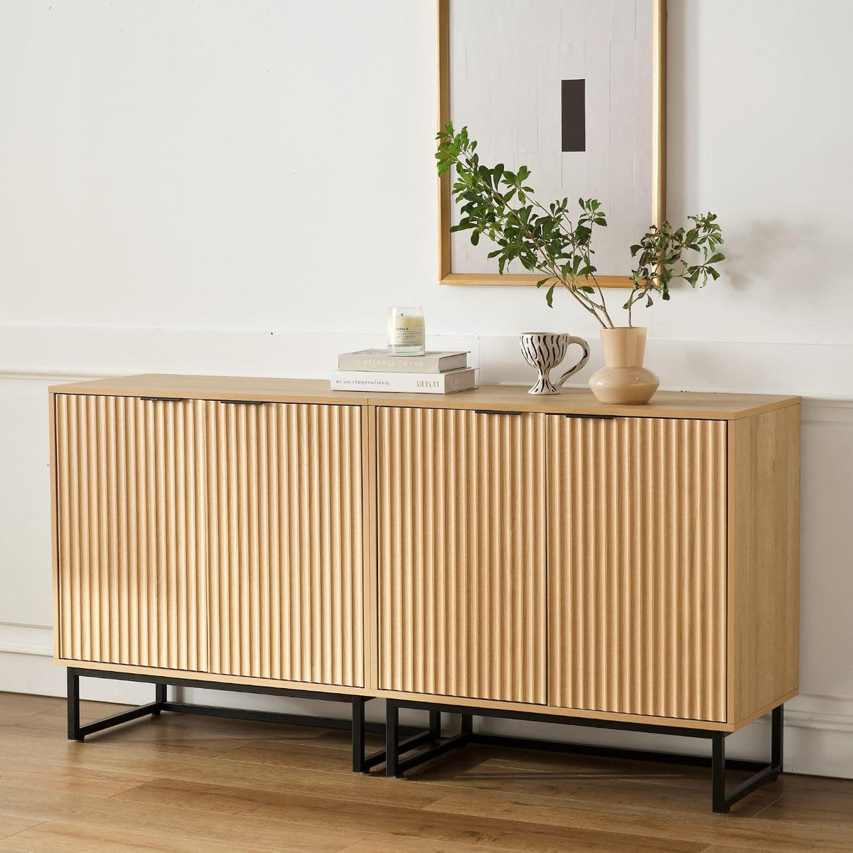 EYYTHUNG Fluted Storage Cabinets Set of 3, Sideboard Buffet Cabinets with Adj...