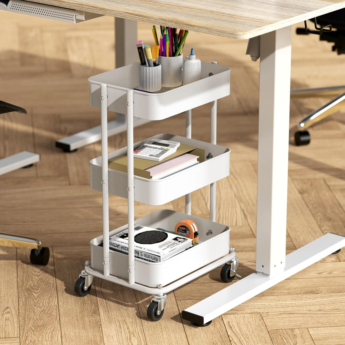 Simple Houseware 3-Tier Utility Cart, Low 24" Height Fits Under Desk, White