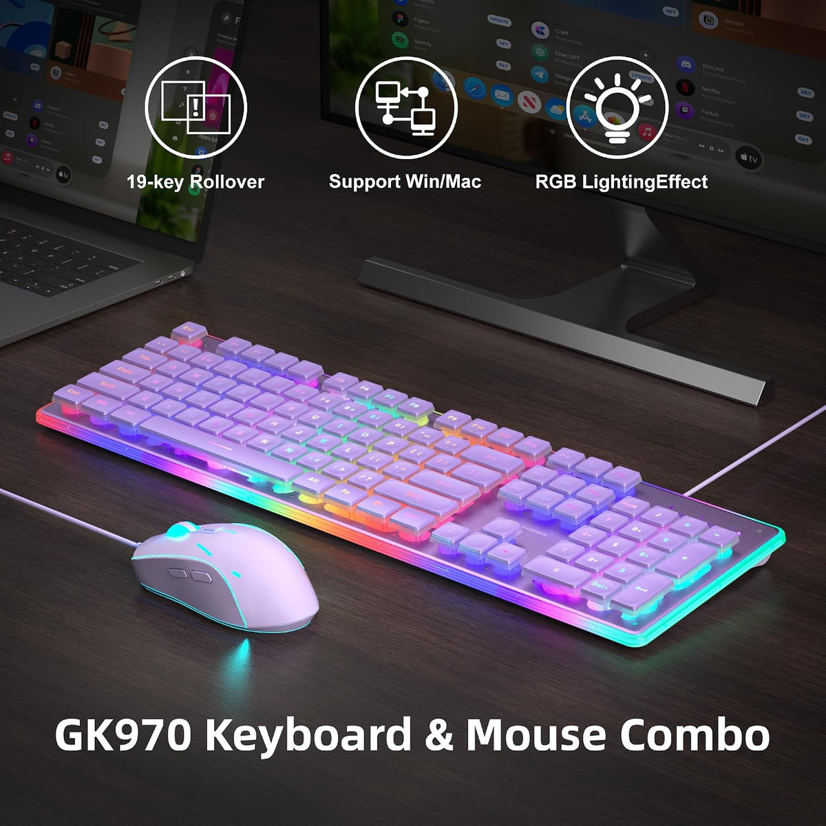 Camiysn Creamy Gaming Keyboard and Mouse, Purple 104 Keys RGB and 6 Speed RGB...