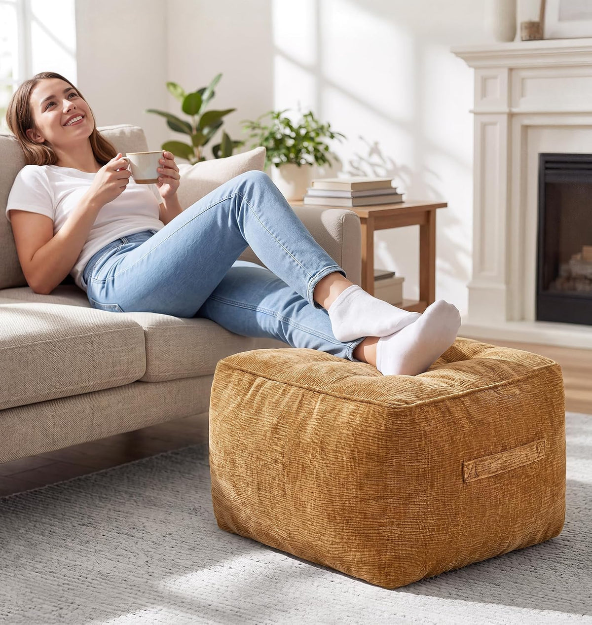 Hobestluk Pouf Ottoman Foot Rest Chenille Square Small Ottoman, Brown