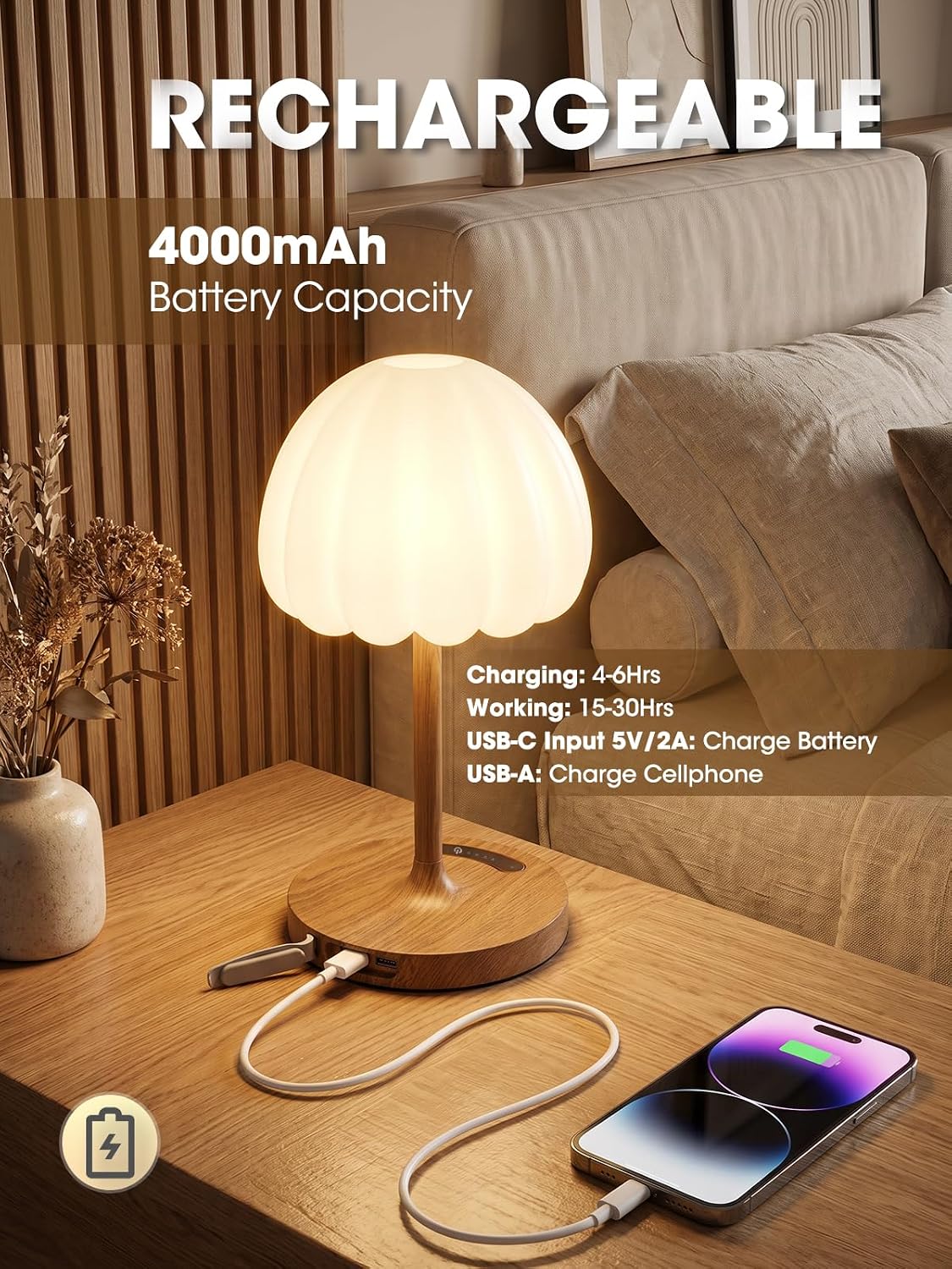 LAVAED Cordless Table Lamp,Battery Operated Bedside Lamp 3 Color Dimmable Lig...